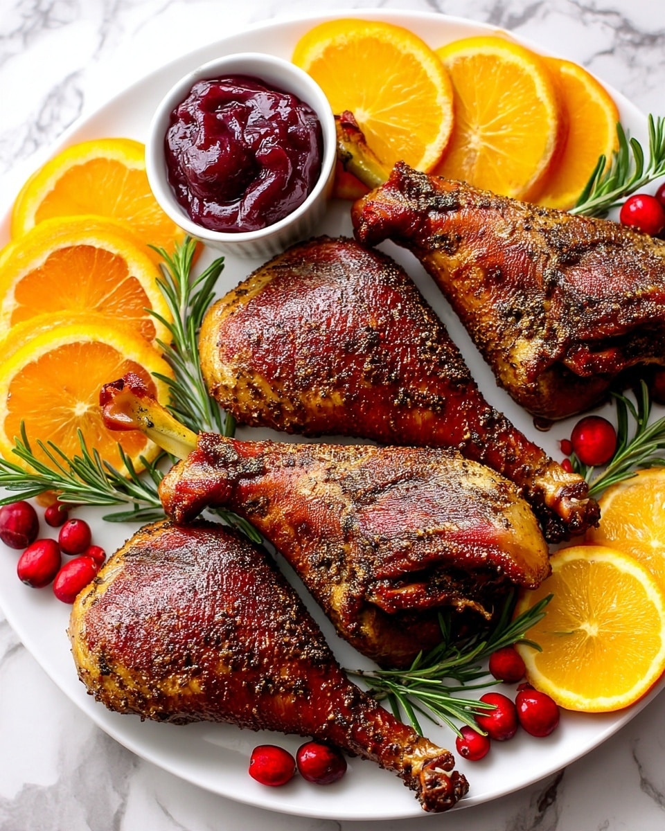 A white plate holds four large cooked drumsticks with a dark, seasoned crust, arranged in two rows. Around the drumsticks, there are thin slices of bright red and orange citrus fruit placed evenly on the edge of the plate. Fresh green rosemary sprigs are scattered between the drumsticks and citrus slices, adding a touch of green. A small metal bowl with red cranberry sauce sits among the drumsticks on the left side of the plate. The plate is set on a wooden board with a blue-gray cloth draped casually nearby, all against a white marbled surface photo taken with an iphone --ar 4:5 --v 7