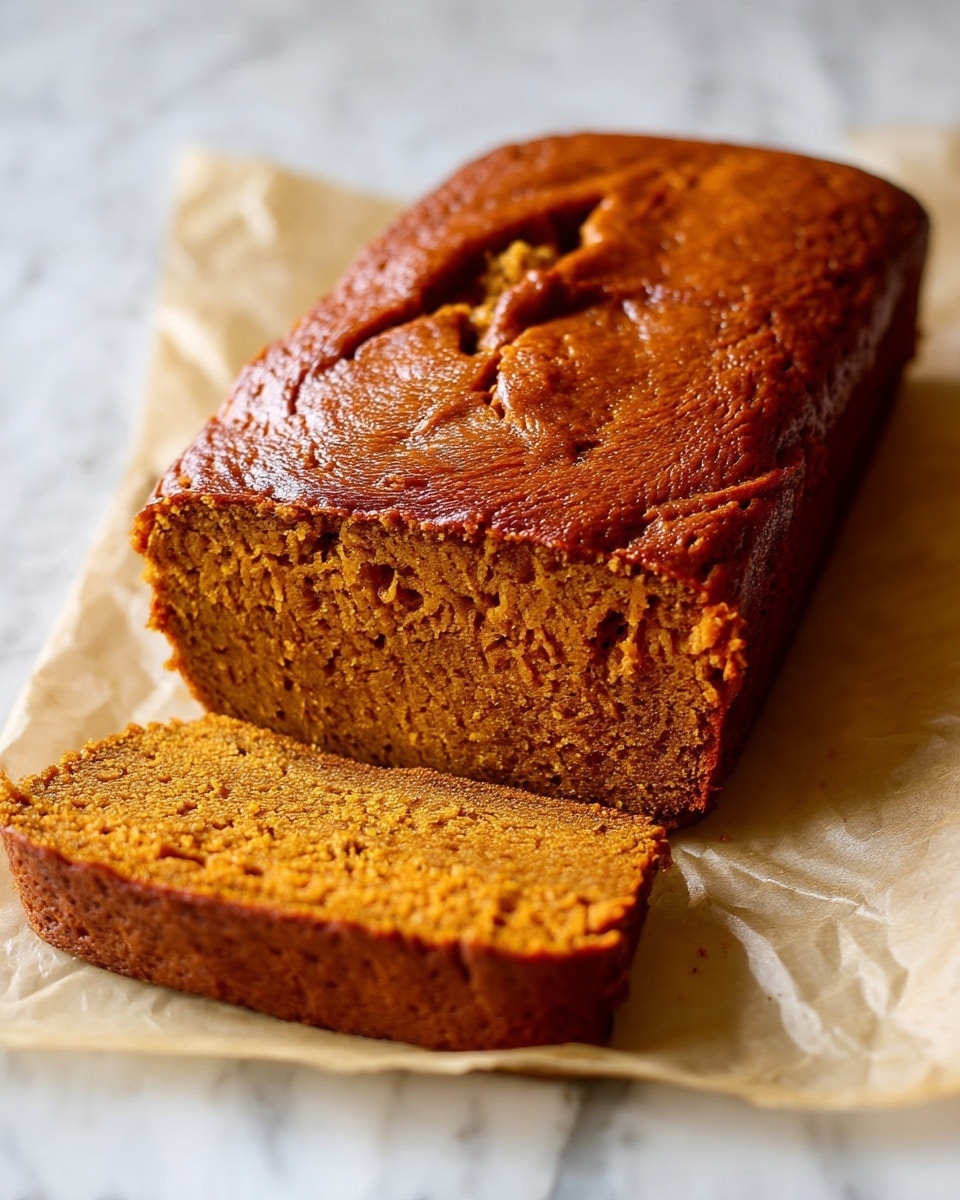 A loaf of brown cake sits on wrinkled baking paper with a slight shine on its top. The cake has a soft, dense inside texture with small air holes visible throughout. One thick slice lies flat in front of the loaf, showing the same smooth, moist interior. The whole scene rests on a white marbled surface, highlighting the warm brown color of the cake. photo taken with an iphone --ar 4:5 --v 7