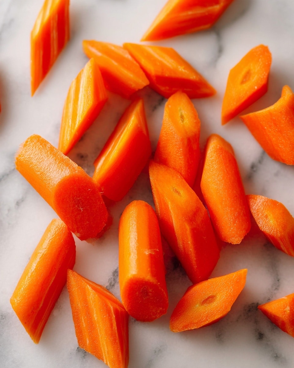 The image shows several carrot pieces on a white marbled surface. The carrot pieces are chopped into small, diagonal slices with bright orange color. The texture looks fresh and smooth with a bit of shine from moisture. The pieces are scattered randomly and cover the surface well. photo taken with an iphone --ar 4:5 --v 7
