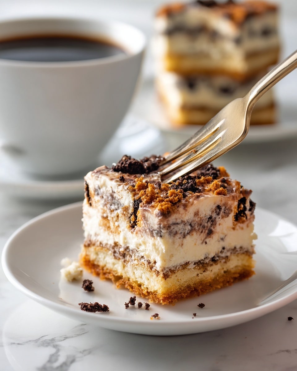 The image shows a multi-layered dessert in a white dish with layers of cream and cookie bits creating a light beige and dark speckled texture. The top layer is thick white cream covered with chunks of dark chocolate cookies sprinkled all over. There are drizzles of dark chocolate and caramel sauce flowing smoothly over the cookie chunks, adding shiny dark brown and golden highlights. A slice has been removed, revealing the creamy, cookie-studded layers inside. The dish sits on a white marbled surface. photo taken with an iphone --ar 4:5 --v 7