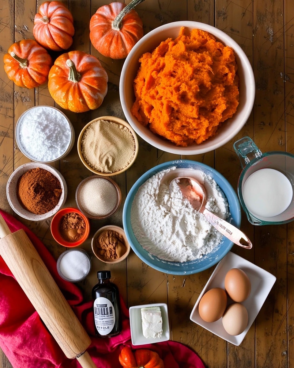The image shows an arrangement of ingredients on a brown wooden surface with a red cloth in the bottom left. There are two small orange pumpkins near the top and one near the bottom. In the center, there is a white bowl filled with bright orange pumpkin puree. To its right is a clear measuring cup with white milk inside. Below the puree, there is a blue bowl filled with white flour and a copper measuring spoon resting on top. Around these main items are smaller bowls: one with white powdered sugar, one with light brown brown sugar, one with cinnamon powder, another with cocoa powder, and one with a white granulated ingredient, possibly yeast. Near the bottom center, two brown eggs rest beside a small black bottle labeled vanilla extract and a small white square dish holding a block of cream cheese or butter. A wooden rolling pin is on the left next to the red cloth. Photo taken with an iphone --ar 4:5 --v 7