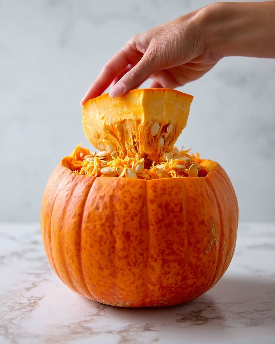 A woman's hand is holding the top piece of a large, round orange pumpkin, lifting it to show the inside. The cut top piece reveals stringy, fibrous orange pulp and cream-colored seeds attached inside. The pumpkin's outer skin is smooth with a matte finish, and the top opening is roughly circular. The background and surface beneath the pumpkin have a white marbled texture. photo taken with an iphone --ar 4:5 --v 7