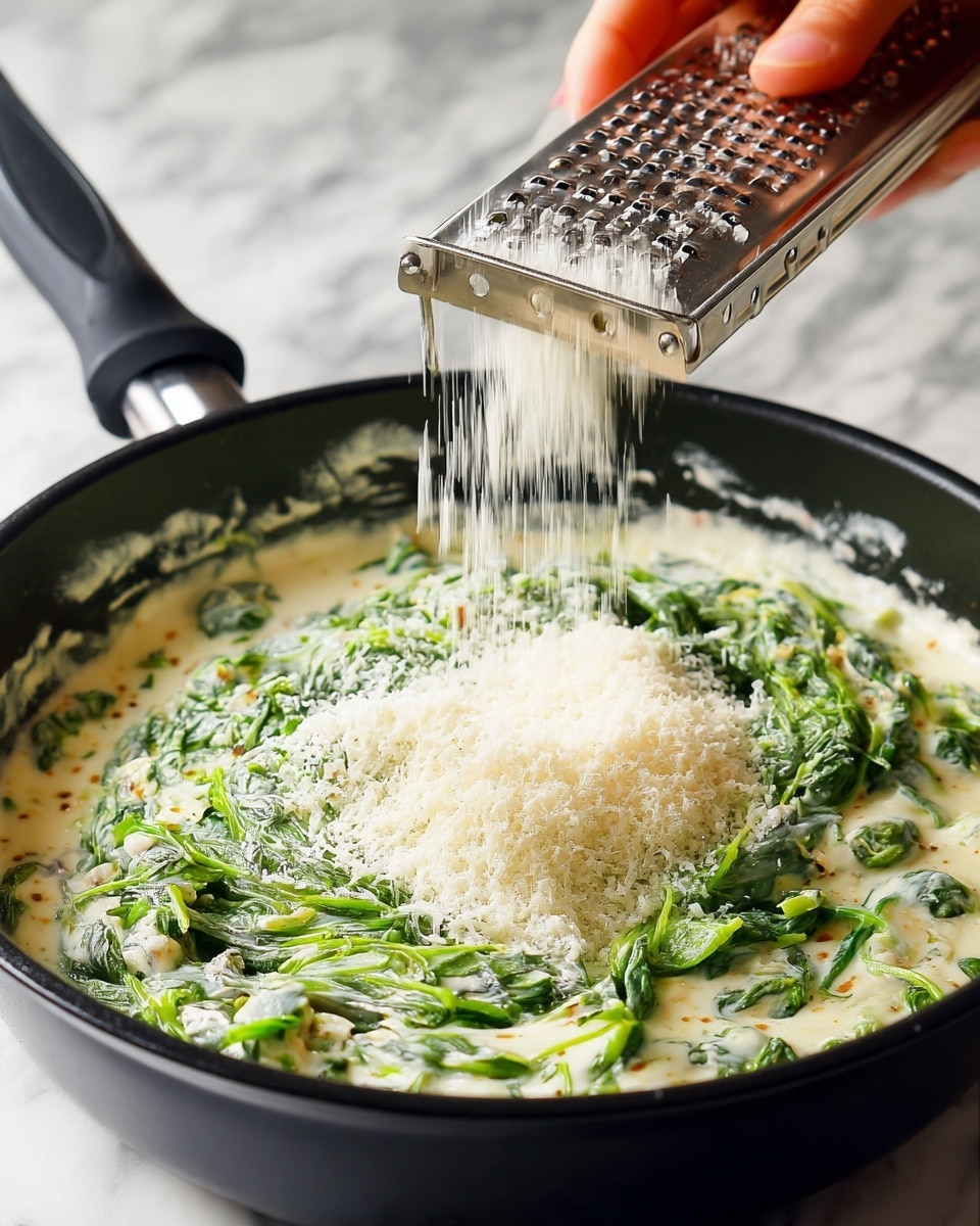 The image shows a close-up of a black pan filled with a creamy white mixture that has bright green leafy vegetables swirled throughout. On top, there is a fine white powder being grated over the dish by a woman's blurred hand holding a grater. The creamy base looks smooth with visible small bits, while the green leaves add texture and color contrast. The background is a white marbled surface. photo taken with an iphone --ar 4:5 --v 7