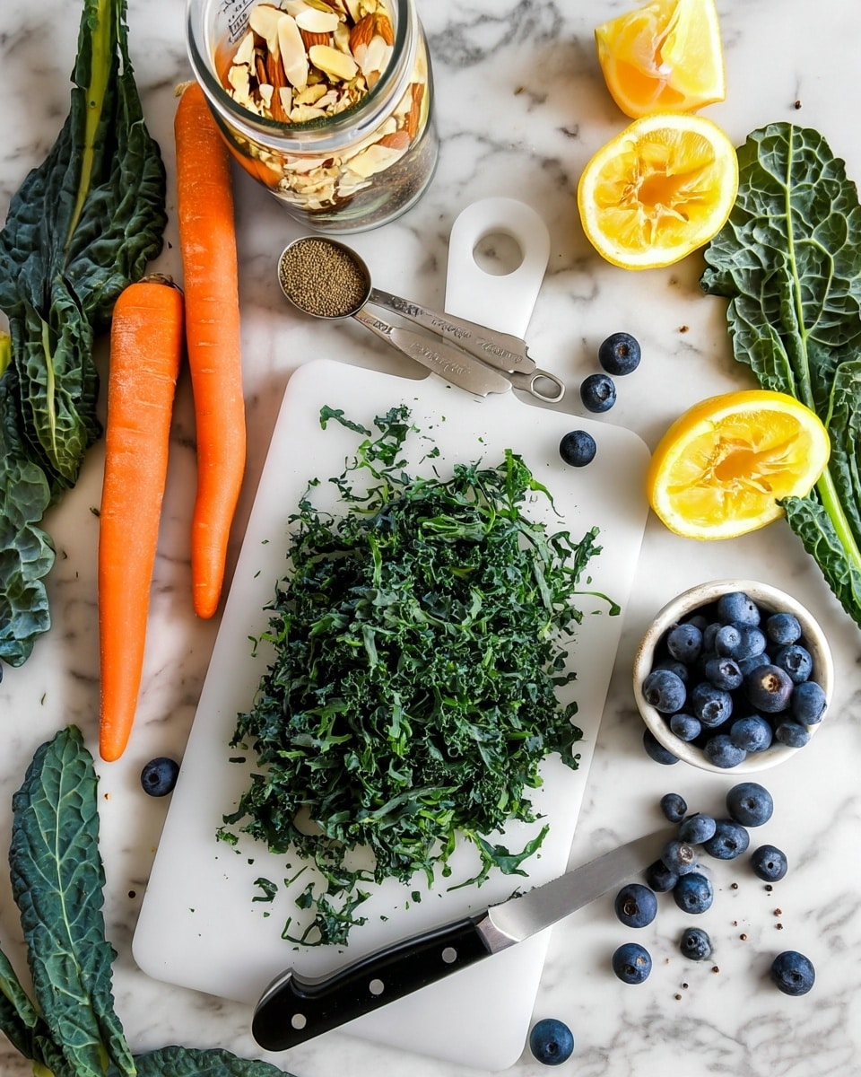 The image shows fresh ingredients arranged on a white marbled surface. On the left, there are two whole orange carrots next to green kale leaves. In the middle, a white cutting board holds finely chopped dark green kale with a large silver knife below it. Above the board, a clear glass jar filled with almond slices stands next to a metal measuring spoon full of multicolored quinoa and another spoon filled with dark blue blueberries. To the top right, a small white bowl contains ground black pepper, with a halved yellow lemon beside it. Scattered blueberries and kale leaves create a natural, fresh look. photo taken with an iphone --ar 4:5 --v 7