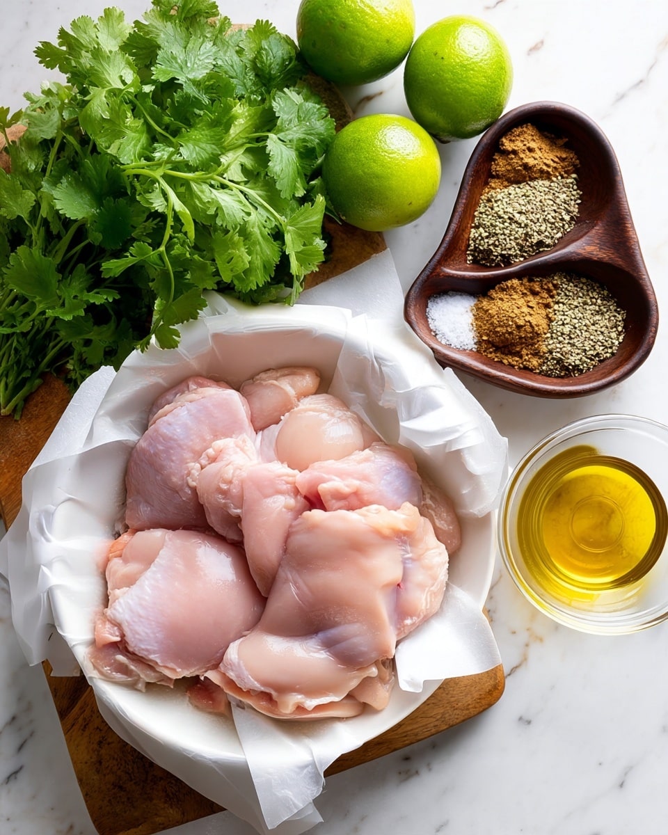 A white bowl lined with white paper holds several pieces of raw pink chicken with a smooth, slightly shiny texture, stacked loosely in the center. To the left, a small clear glass bowl contains golden yellow olive oil. Above the bowl, a wooden surface holds a bunch of fresh, bright green cilantro leaves. Above the bowl of chicken, there are two whole, glossy green limes with a smooth texture placed side by side on a white marbled surface. To the right of the limes, a small white round dish holds two types of spices: brown powder and dried green herbs. Below the wooden surface, there is a small white round dish with coarse white salt and black pepper. The scene is set on a white marbled background, creating a clean and fresh look photo taken with an iphone --ar 4:5 --v 7
