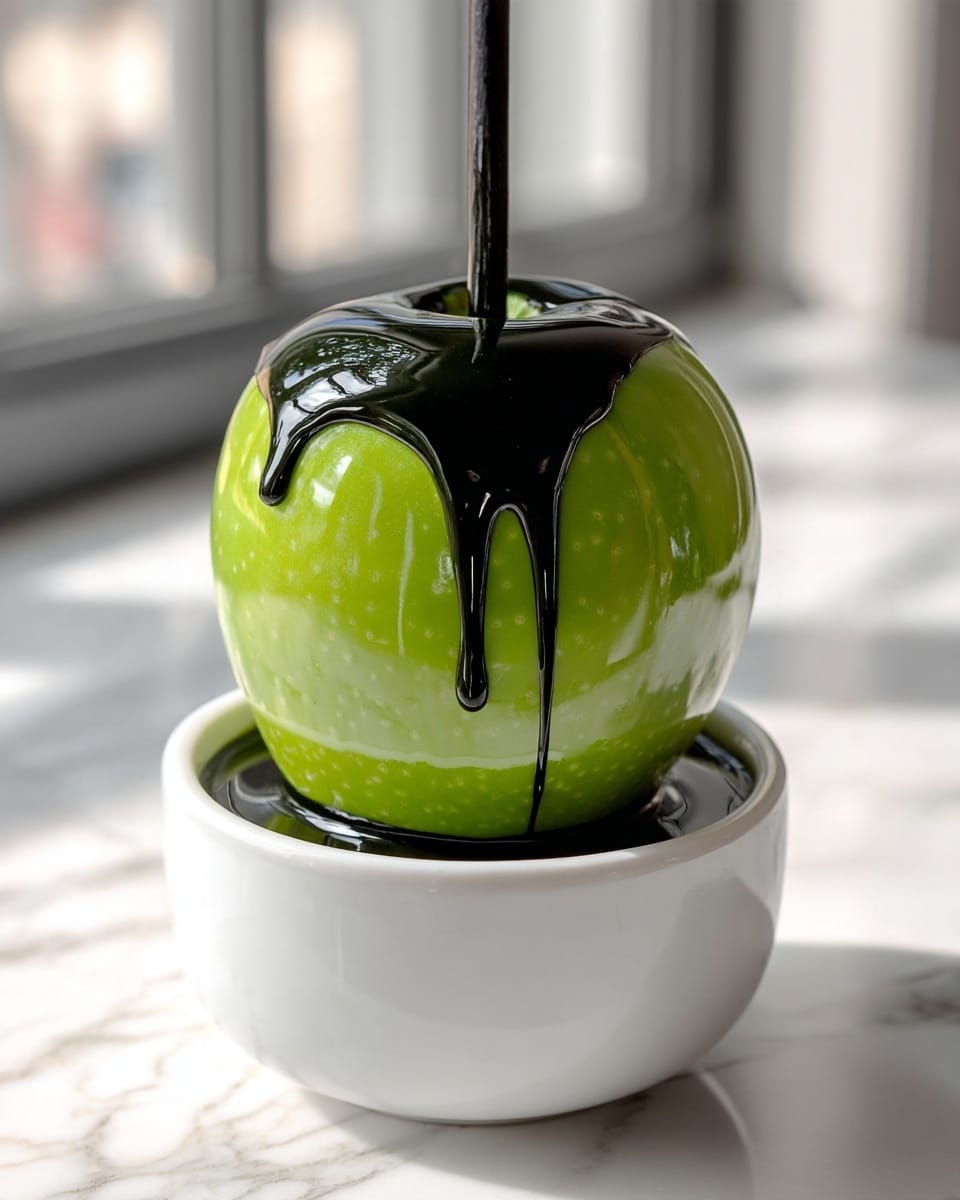 A shiny, deep black apple dipped in thick black syrup is held by a thin black stick from the top center. The syrup coats the apple smoothly and drips elegantly down the sides, creating a glossy, mirror-like surface. The apple sits above a white pot filled with the same black syrup, which reflects light softly. The bright green apple stem peeks out from the top, contrasting with the dark coating. The whole scene is set on a white marbled surface with soft natural light highlighting the textures. photo taken with an iphone --ar 4:5 --v 7