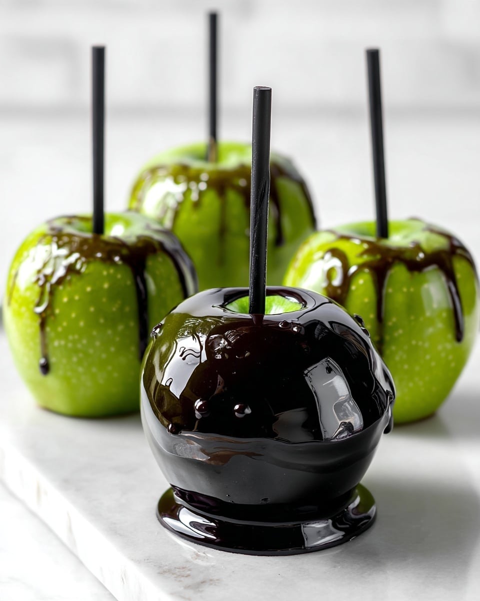 Shiny dark black candy apples with glossy smooth caramel coating are shown in close-up, each apple pierced from the top with a black stick. The front apple reveals a hint of bright green skin under the glossy black layer, with small shiny droplets of caramel dripping near the bottom edge, resting on a white marbled surface. In the background, more black candy apples appear slightly blurred, creating a sense of depth and focus on the front apple. photo taken with an iphone --ar 4:5 --v 7