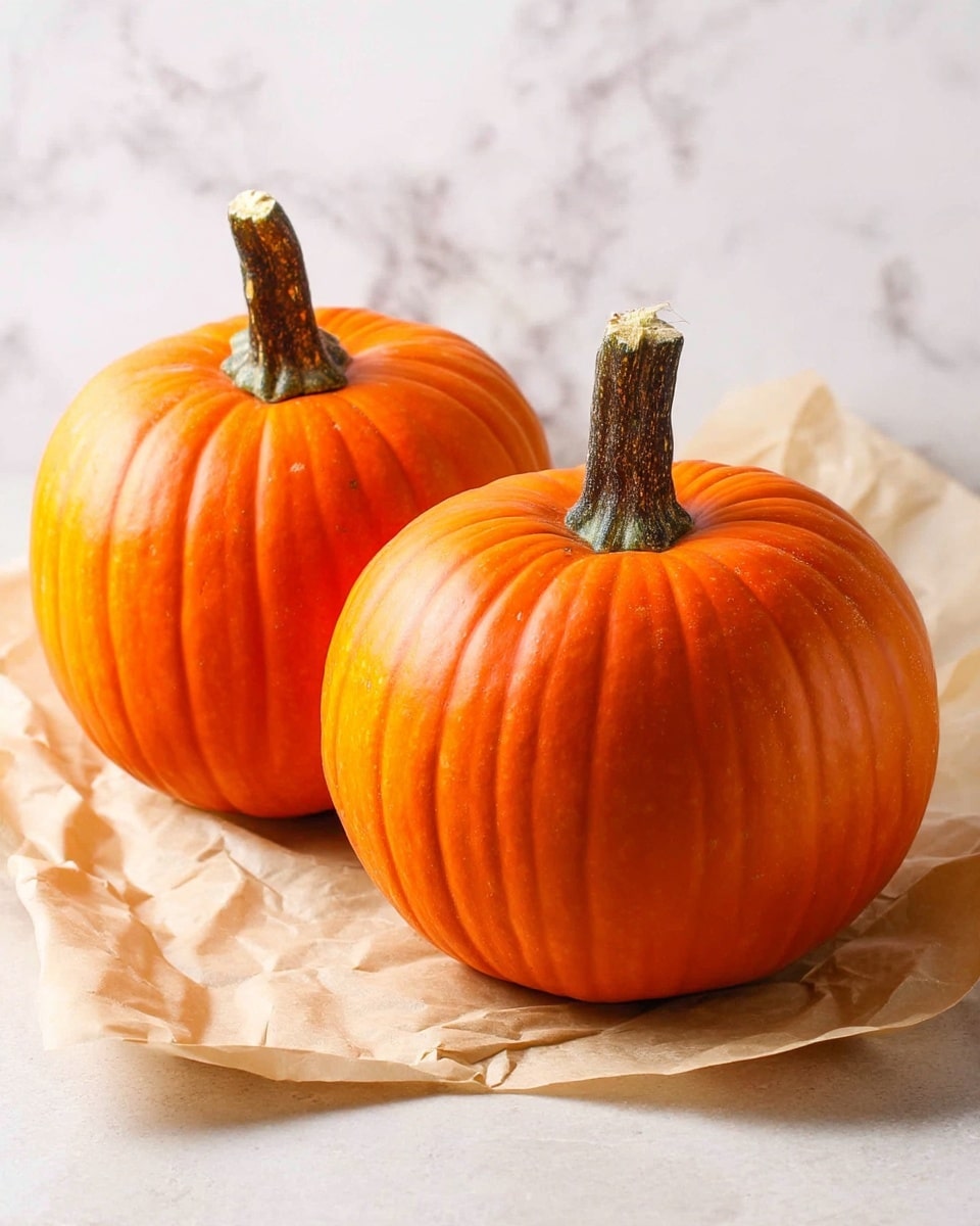 Two bright orange pumpkins sit side by side on a crumpled light beige paper that forms a soft, uneven layer beneath them. Each pumpkin has a rough, brownish-green stem on top, with one pumpkin appearing slightly larger and more rounded than the other. The pumpkins' surfaces are smooth, with vertical ridges running from the top to the bottom. This arrangement is set against a white marbled texture that softly contrasts with the pumpkins and paper. photo taken with an iphone --ar 4:5 --v 7