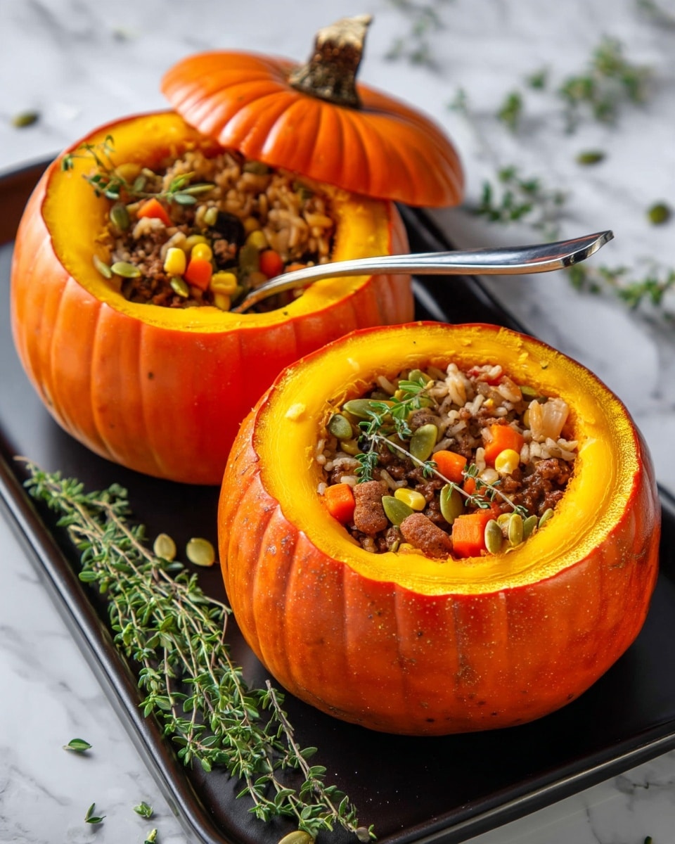 A whole orange pumpkin with the top removed is filled with a mixture of cooked rice, ground meat, corn, and vegetables like carrots and green herbs, showing a colorful and textured filling inside the pumpkin. The pumpkin sits on a white plate, placed on a white marbled surface, while a silver spoon lifts a scoop of the filling revealing layers of soft orange pumpkin flesh, light brown rice, and small bits of yellow corn and green herbs. The scene looks bright and fresh, with a slight rustic feel from scattered pumpkin seeds and small herb sprigs around. Photo taken with an iphone --ar 4:5 --v 7