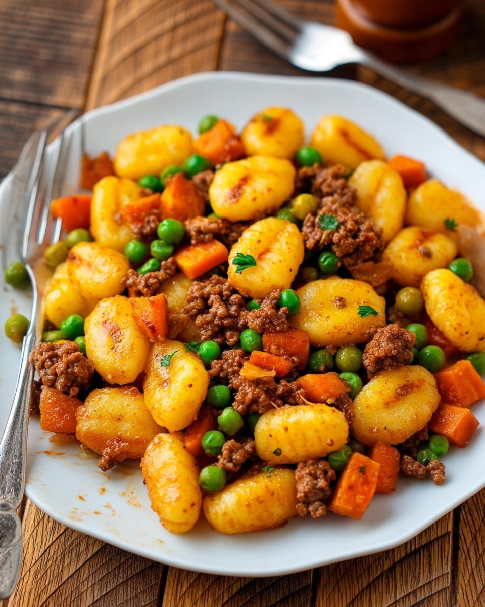 A white plate holds a warm mix of golden brown potato gnocchi, browned ground meat, bright orange carrot cubes, and small green peas all combined together, creating a colorful and textured dish. The gnocchi pieces are plump and slightly browned, scattered evenly throughout the mix, while the ground meat forms small crumbly clusters interspersed with the bright vegetables. The dish has a rich, slightly oily shine, showing it is well-cooked and seasoned. The plate is set on a wooden surface, with a silver fork resting nearby, and part of a pepper grinder visible in the background. Photo taken with an iphone --ar 4:5 --v 7