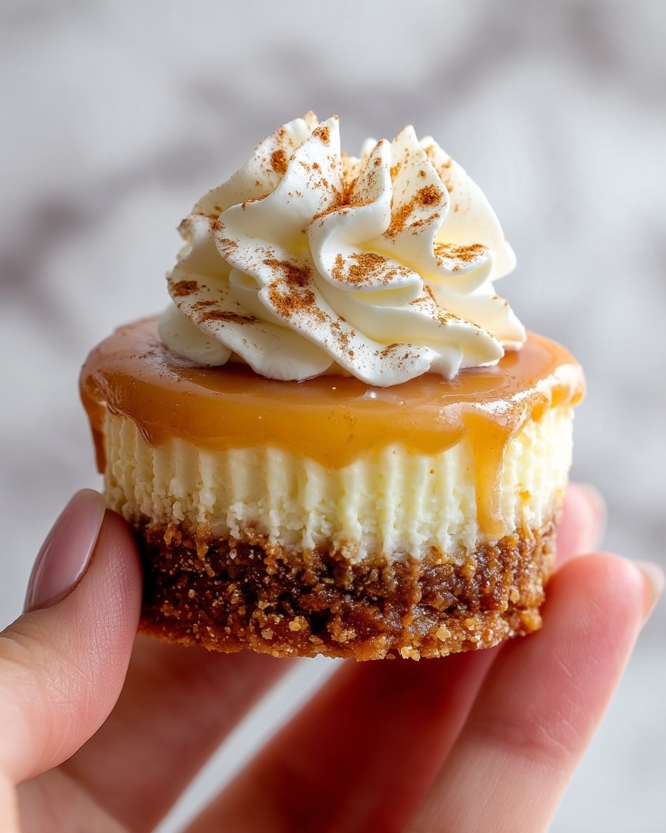 A close-up of a small dessert held by a woman's hand shows three layers: a crumbly brown crust at the bottom, a thick creamy pale yellow cheesecake layer in the middle, and a shiny caramel layer on top. The caramel layer is covered by a swirl of white whipped cream sprinkled lightly with cinnamon. The background is softly blurred with a white marbled texture. photo taken with an iphone --ar 4:5 --v 7