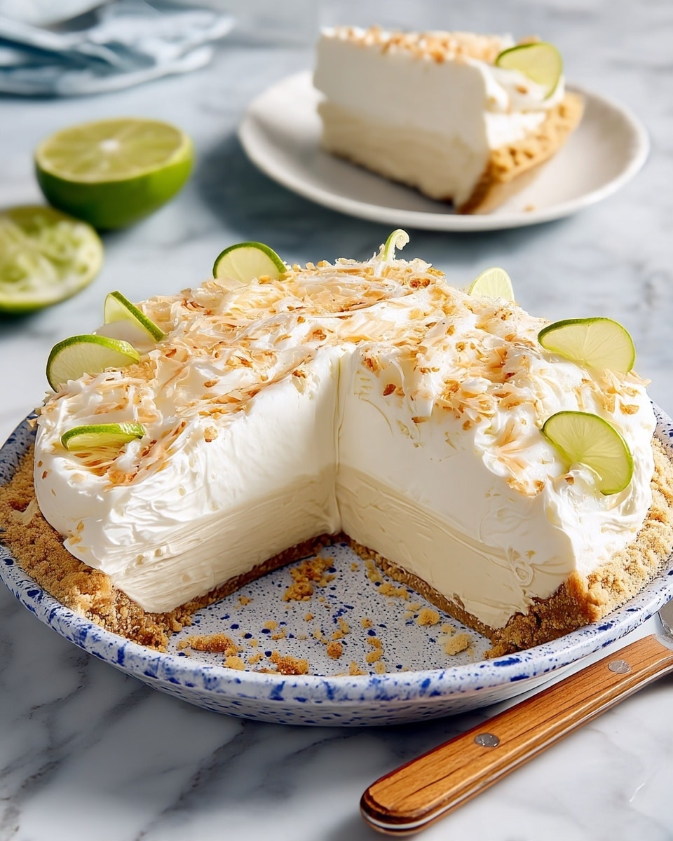 The image shows a three-layer coconut cream pie on a white plate with blue speckles, placed on a white marbled surface. The bottom layer is a light brown crumbly crust, thick and uneven. The middle layer is creamy and white, appearing soft and smooth. The top layer is a thick, fluffy white whipped cream spread unevenly with peaks and valleys, sprinkled generously with light golden toasted coconut flakes. In the background, there is a white plate with sliced light green limes, slightly blurred. Photo taken with an iphone --ar 4:5 --v 7