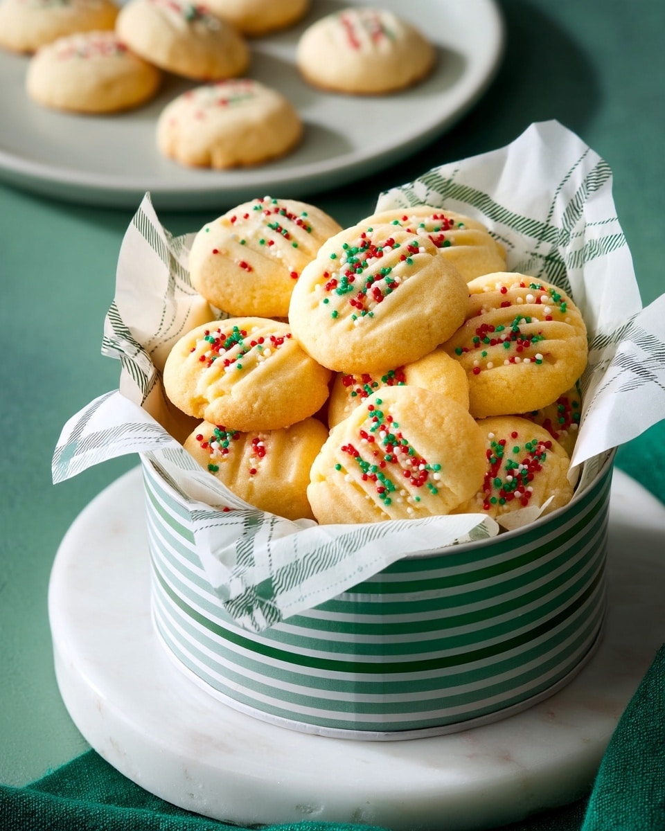 The image shows many soft, round cookies with light golden color stacked in a white bowl lined with white paper that has green stripes. Each cookie has three small lines pressed on top and is decorated with small red, green, and white round sprinkles arranged in the center. The cookies have a smooth texture and look fresh. The background surface is white marble, adding a clean and bright look. Photo taken with an iphone --ar 4:5 --v 7