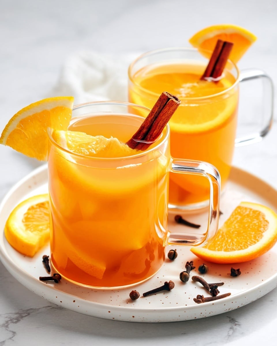 Two clear glass mugs filled with a warm light orange drink are placed on a white speckled plate. Each mug has a cinnamon stick resting inside and a bright orange wedge on the rim, with the drink showing small pieces of fruit or spices floating near the bottom. On the plate beside the mugs are extra orange slices, several whole cloves scattered around, and one more cinnamon stick. The background is a white marbled surface, giving a clean and bright look. photo taken with an iphone --ar 4:5 --v 7