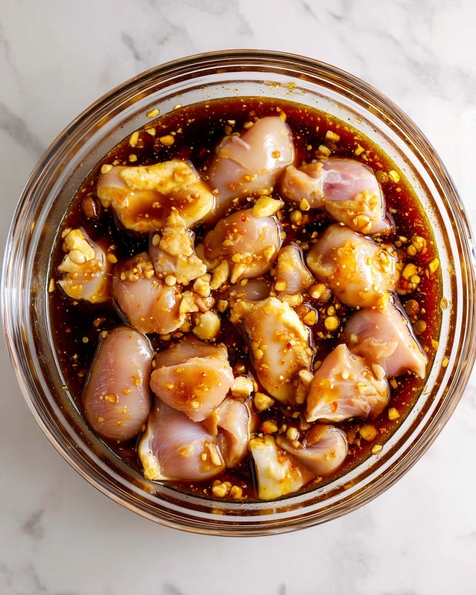 A clear glass bowl filled with raw pieces of chicken submerged in a dark brown marinade with visible bits of crushed garlic or ginger. The chicken pieces are pale pink with some patches of light yellow fat, spread evenly but loosely inside the bowl. The marinade creates a shiny, slightly thick coating over the chicken. The bowl is placed on a white marbled surface. photo taken with an iphone --ar 4:5 --v 7