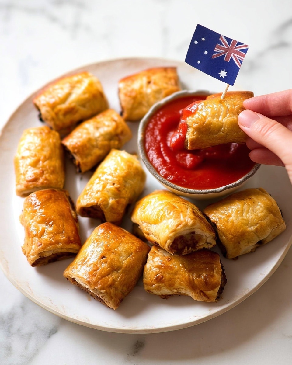 A white plate holds around twelve small golden-brown sausage rolls with shiny, flaky, and slightly cracked tops showing their baked texture. One sausage roll is held by a woman's hand, dipped into a small white bowl filled with bright red tomato sauce positioned near the plate's edge. The overall scene is set on a white marbled surface, with a small Australian flag toothpick sticking out between the sausage rolls, adding a pop of color and detail. Photo taken with an iphone --ar 4:5 --v 7