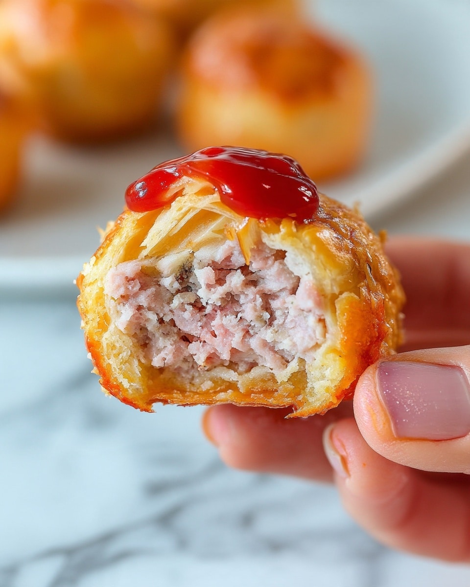 A close-up view shows a small round pastry held by a woman's hand, with one bite taken out revealing a finely ground light pink meat filling inside. The outside is a golden, flaky crust with a shiny texture, topped with a dollop of bright red sauce on the top layer. The background is a white marbled texture with soft blurred shapes suggesting more pastries. photo taken with an iphone --ar 4:5 --v 7