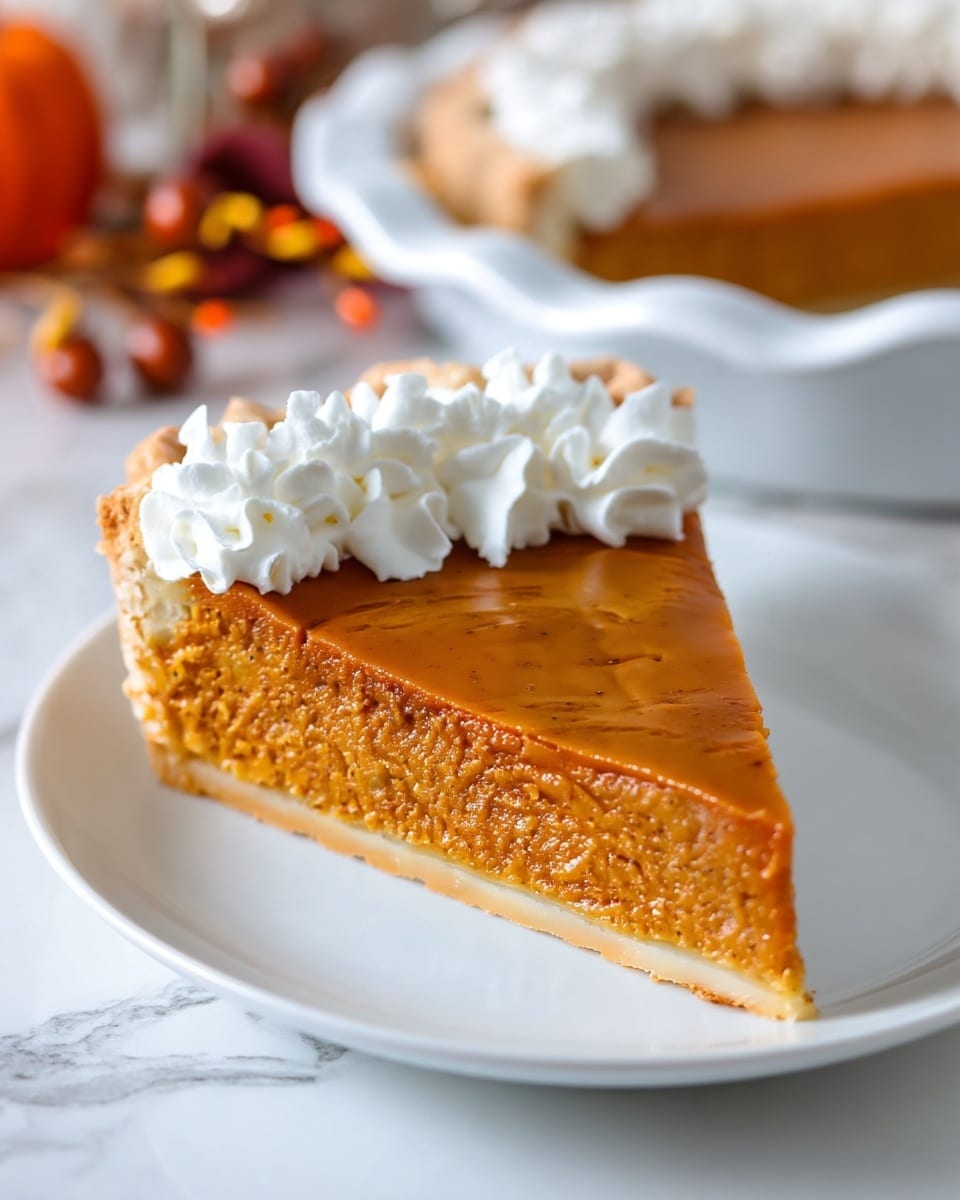 A slice of pumpkin pie is on a white plate over a white marbled surface. The pie has three layers: a light golden crust at the bottom, a thick, smooth orange pumpkin filling in the middle, and a row of white whipped cream dollops along one edge on top. The whipped cream has a soft, fluffy texture with small peaks. In the background, there is a white pie dish with more pumpkin pie, slightly out of focus. Warm, autumn colors and small decorative elements are slightly visible behind the pie dish. Photo taken with an iphone --ar 4:5 --v 7