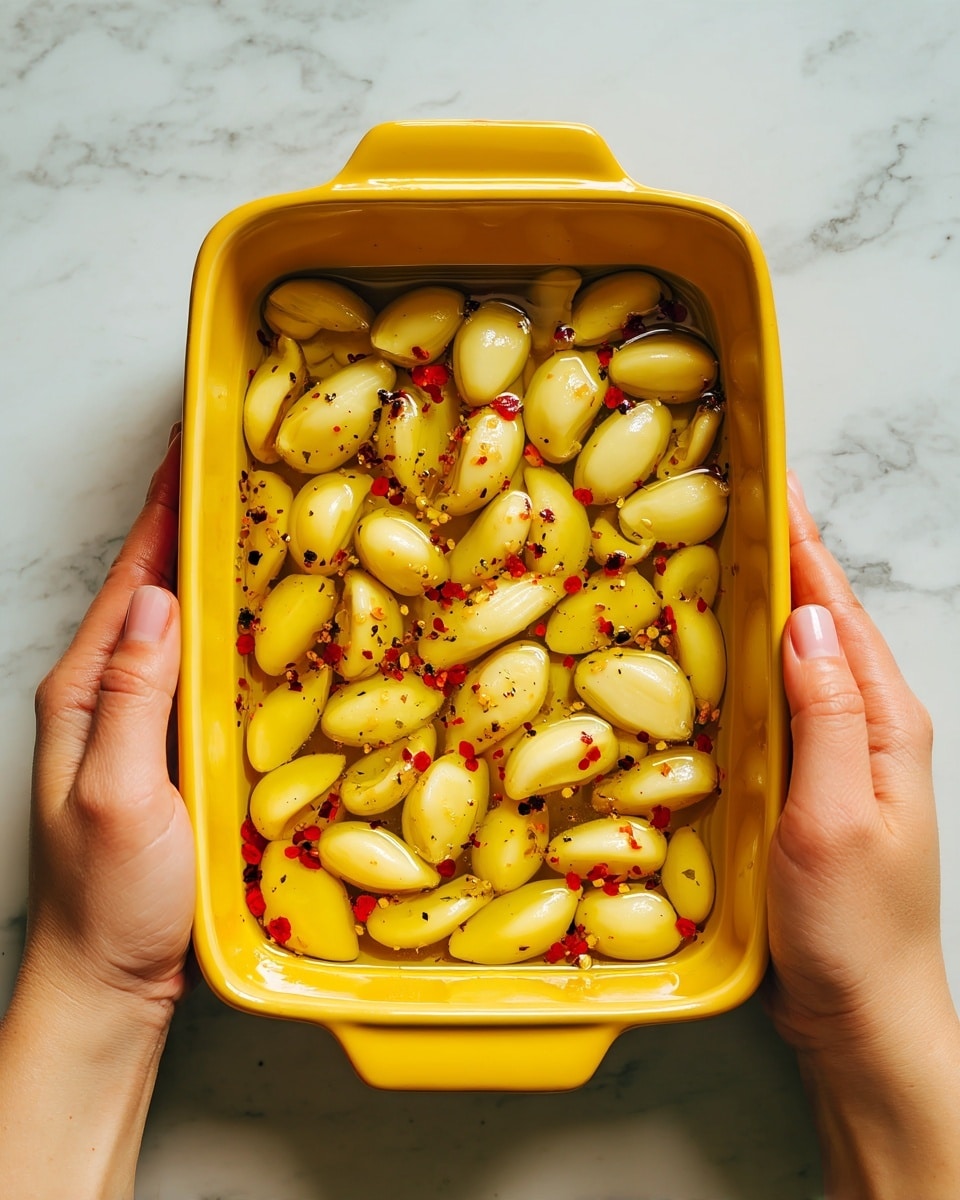 A close-up image shows a yellow rectangular baking dish filled with peeled garlic cloves covered in golden olive oil with small red pepper flakes and black specks of seasoning scattered throughout. Two woman's hands are holding the dish on both sides. The dish is placed on a white marbled surface. The garlic cloves are smooth and shiny, floating within the oil that reflects light softly. photo taken with an iphone --ar 4:5 --v 7