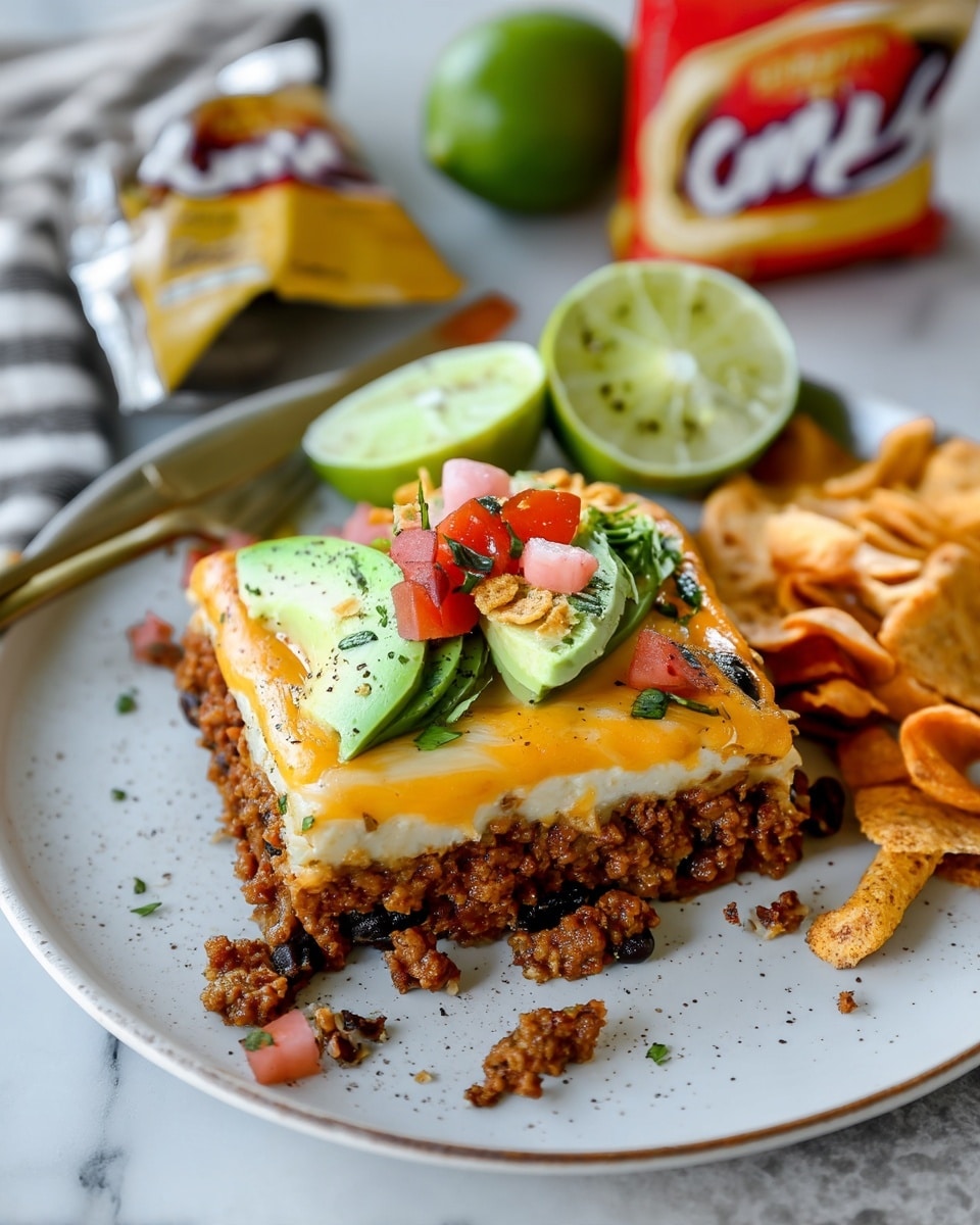 The image shows a white rectangular baking dish filled with a layered tortilla casserole. It has a base layer of soft, light tan tortillas covering the bottom and sides. On top, there is a melted layer of orange and white cheese spread evenly, with a slightly bubbly texture. Scattered over the cheese are fresh, bright red diced tomatoes and finely chopped green herbs. There are also three small curved slices of green avocado placed in a triangular pattern on top, each sprinkled with black pepper and extra chopped herbs. The dish rests on a white marbled surface, with part of a green lime visible in the top left corner. photo taken with an iphone --ar 4:5 --v 7