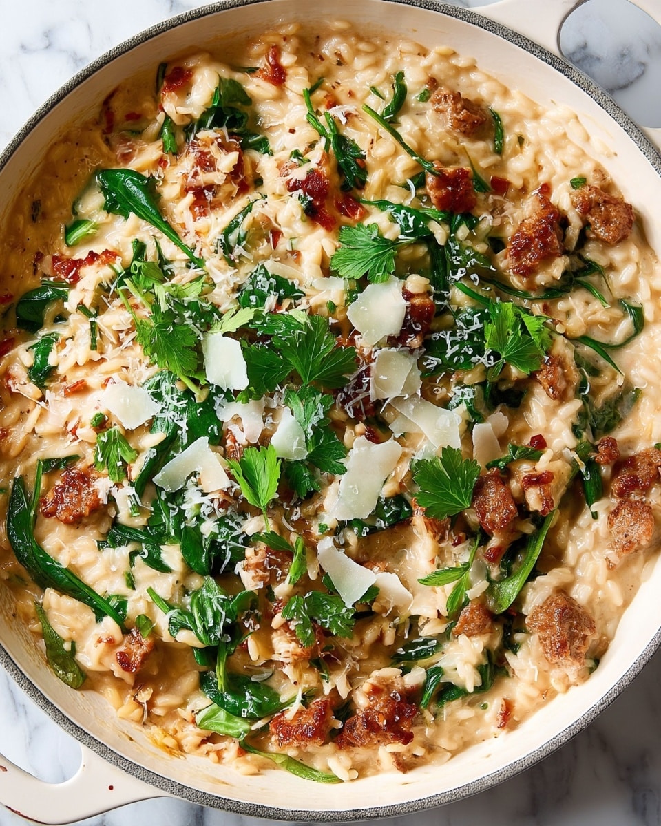 The dish is a creamy one-pot meal served in a light blue cast iron pan with a golden spoon lifting a portion. The base layer shows small pasta pieces of light beige color mixed with browned sausage chunks that have crispy edges. Bright green spinach leaves and fresh chopped parsley are scattered throughout, adding fresh green spots. Bits of red sun-dried tomatoes are mixed in, giving contrast to the creamy light sauce that binds all ingredients. The texture looks rich and slightly thick, with tiny flecks of black pepper visible. The pan is placed on a white marbled surface. photo taken with an iphone --ar 4:5 --v 7