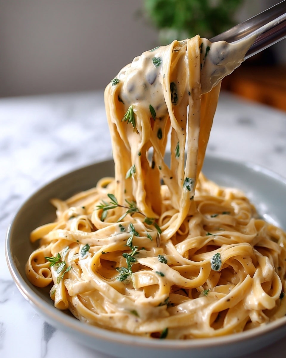 A close-up view of creamy pasta being lifted with tongs, showing long, flat noodles coated in a smooth, thick beige sauce mixed with small green herb pieces scattered throughout. The pasta looks soft and shiny, with the sauce enveloping each strand evenly. The background is blurred, focusing on the pasta texture, and the scene is set on a white marbled surface. photo taken with an iphone --ar 4:5 --v 7