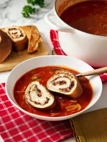Pizza Soup with Pepperoni Rolls Recipe