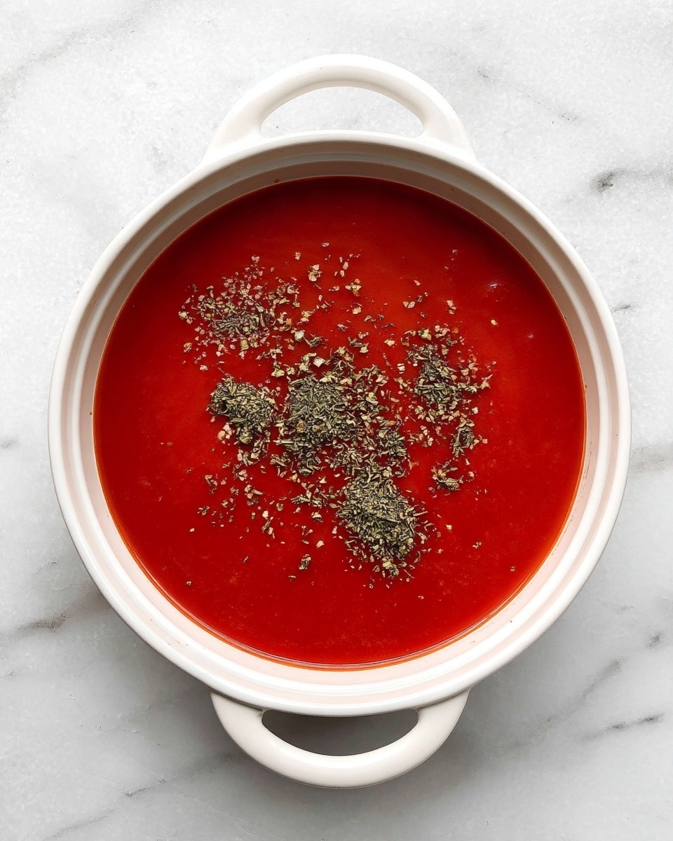 A white pot with two handles is filled with smooth bright red tomato sauce, which has a thin liquid texture. On top of the sauce, several small clusters of dry greenish brown herbs are scattered unevenly across the surface. The pot is placed on a white marbled surface, giving a clean and simple look. photo taken with an iphone --ar 4:5 --v 7