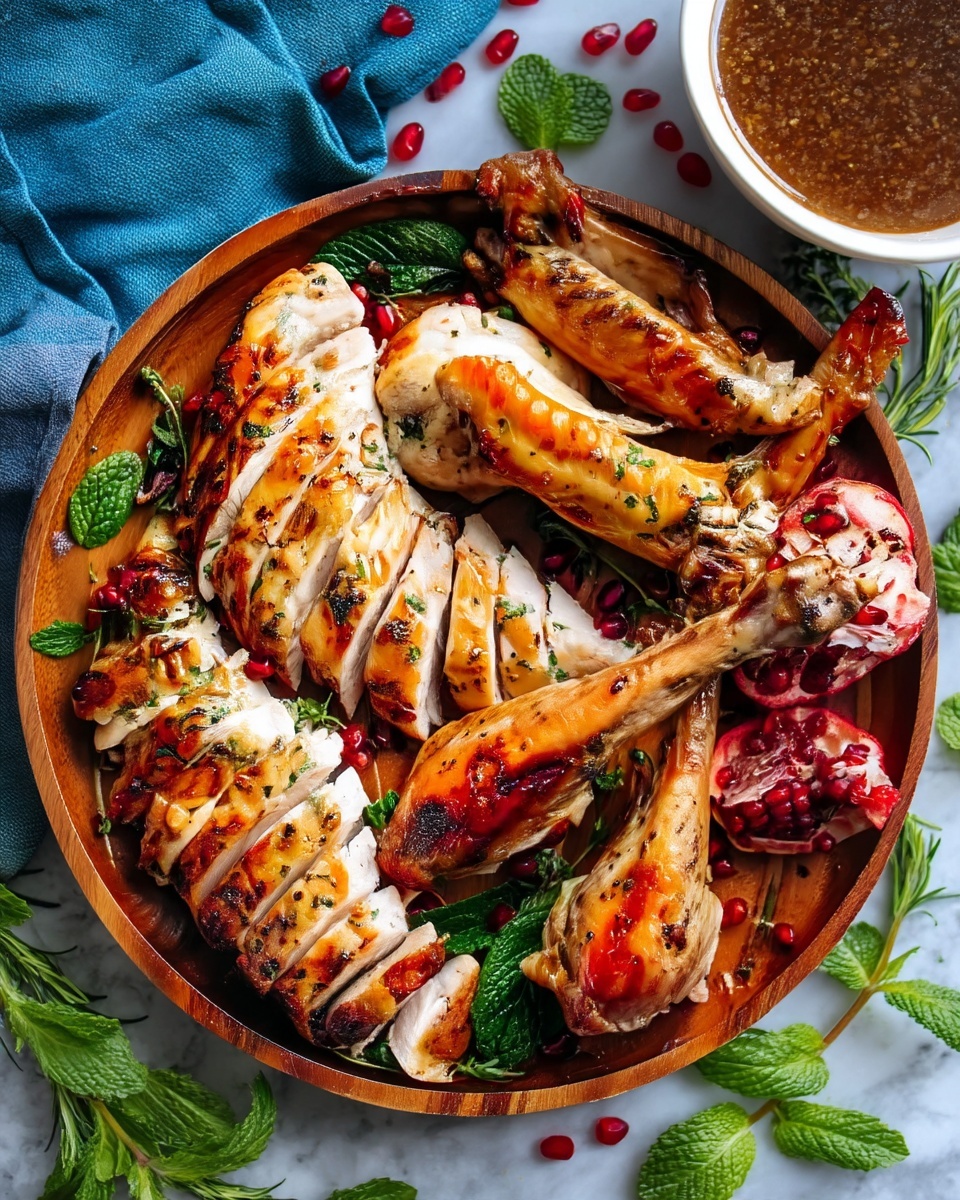 A whole roasted chicken with a golden brown and crispy skin, sprinkled with herbs and black pepper, sits centered on a white plate. The chicken shows visible grill marks and is placed over green leaves, adding a fresh pop of color. Around the chicken's base, bright red pomegranate seeds and halves add a vibrant contrast. The plate rests on a white marbled surface with a blurred white bowl and bread in the background. Photo taken with an iphone --ar 4:5 --v 7