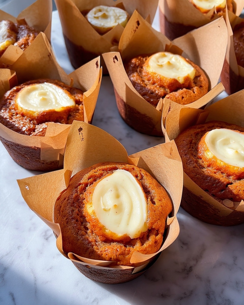 A close-up of a single muffin with a torn white paper liner around it, showing the inside crumb layer which is golden brown and soft. The muffin has one visible top layer of light brown baked dough with a slightly rough texture. In the center, there is a creamy white filling layer with a smooth, thick texture that contrasts with the crumbly muffin. The muffin is placed on a white marbled surface with parts of two other muffins blurred in the background. photo taken with an iphone --ar 4:5 --v 7