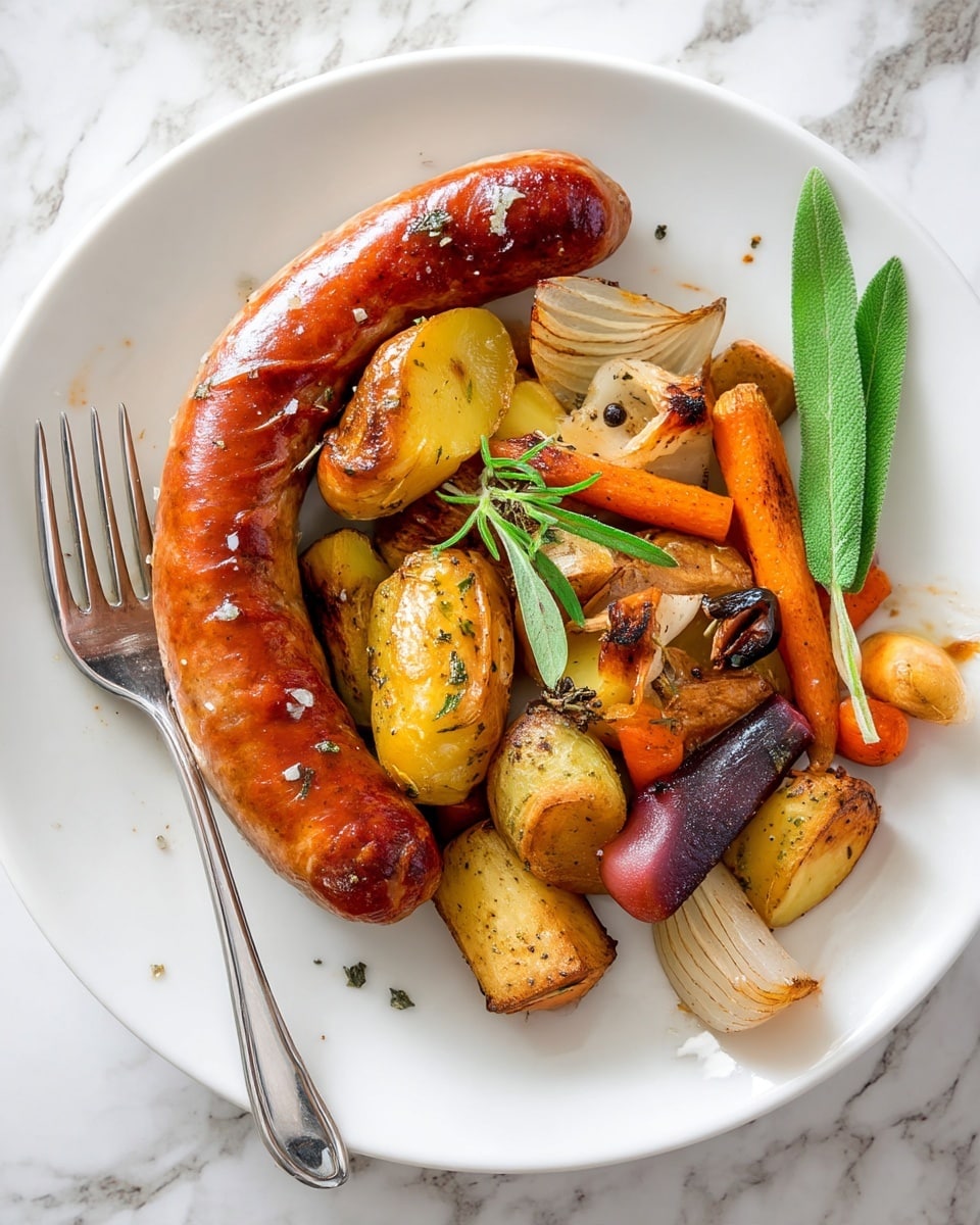 A white plate holds a large, shiny, brown sausage curved around a pile of roasted vegetables. The vegetables include golden-brown potatoes, orange carrots, pieces of white onion with slightly charred edges, and darker purple root vegetables. Some herbs are sprinkled on top, and a green leaf garnish lies among the food. A silver fork is placed on the left side of the plate. The background shows a white marbled surface. Photo taken with an iphone --ar 4:5 --v 7