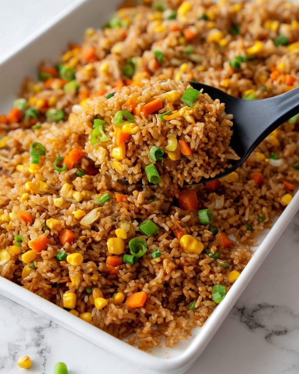 A deep white bowl is full of fried rice that has three main visible layers: a base layer of light brown cooked rice mixed evenly with small orange carrot cubes throughout, a middle layer of yellow corn kernels and scrambled egg pieces scattered well, and a top layer of bright green chopped spring onions spread to finish the dish. The texture looks soft and slightly grainy with bits of vegetables making it colorful. The bowl is placed on a red patterned cloth on a rustic dark wooden surface, with a blurred clear bowl and a baking tray of more fried rice in the background, set on a white marbled surface. Photo taken with an iphone --ar 4:5 --v 7