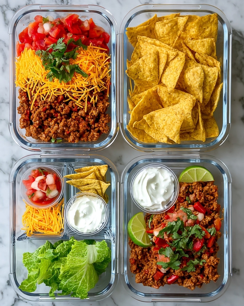The image shows four clear rectangular meal prep containers laid out on a white marbled surface. Each container is divided into three sections: one larger section with a layer of cooked seasoned ground meat topped with diced tomatoes, shredded yellow cheese, chopped green herbs, and a lime wedge on one corner; one medium section holding yellow tortilla chips arranged neatly; and one smaller section containing a clear cup filled with white sour cream or yogurt. Additionally, two of the containers have a small cup with fresh tomato and onion salsa in the medium compartments instead of sour cream. In one container, the larger section has cooked meat mixed with chopped red peppers and green herbs, also garnished with a lime wedge. There are some fresh green lettuce leaves placed in one larger compartment of another container. The overall coloring combines warm shades of red, green, yellow, and brown in clear containers, arranged symmetrically on the white marbled surface. Photo taken with an iphone --ar 4:5 --v 7