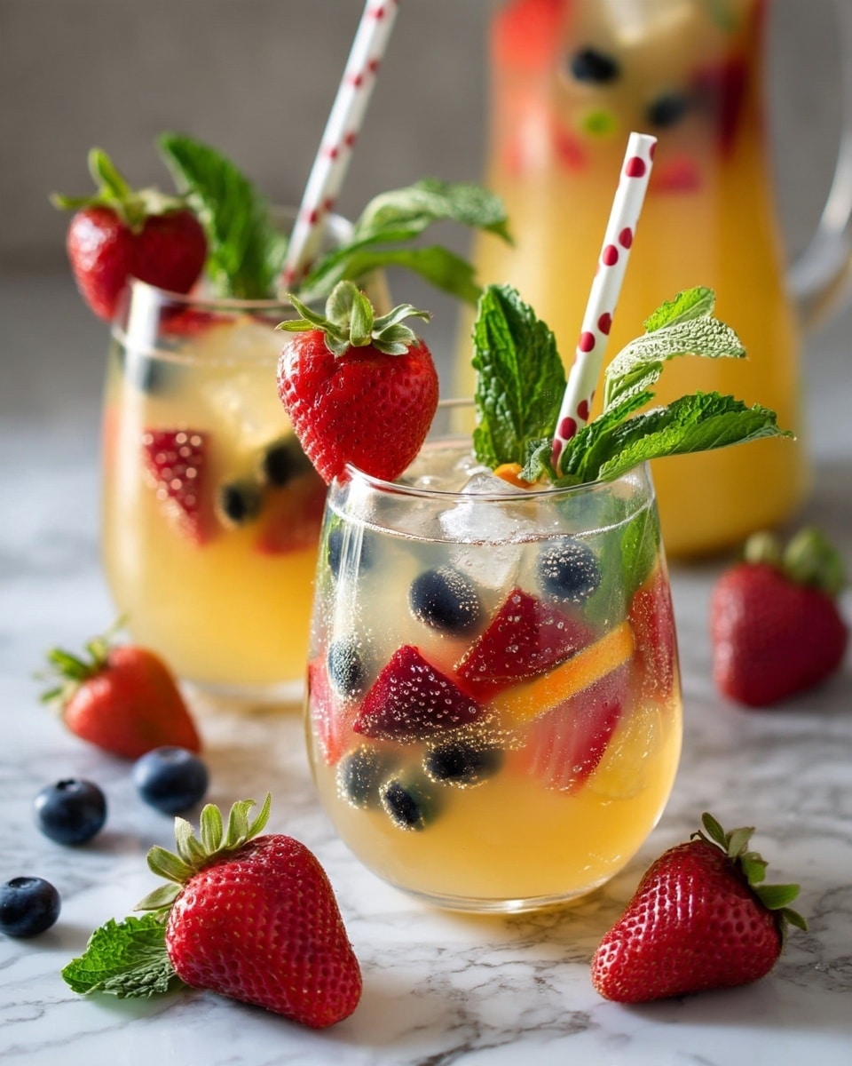 Two round glasses filled with a light yellow drink hold colorful fruit pieces inside. The bottom layer has blueberries among tiny bubbles in the drink. There are red strawberry pieces and orange slices spread throughout the middle layer. On top, ice cubes float with a whole strawberry and fresh green mint leaves sticking out. One glass has a white straw with red dots. Behind, a tall glass pitcher shows the same drink and fruit mix. Fresh strawberries and mint leaves lie scattered on a white marbled surface around the glasses. Photo taken with an iphone --ar 4:5 --v 7