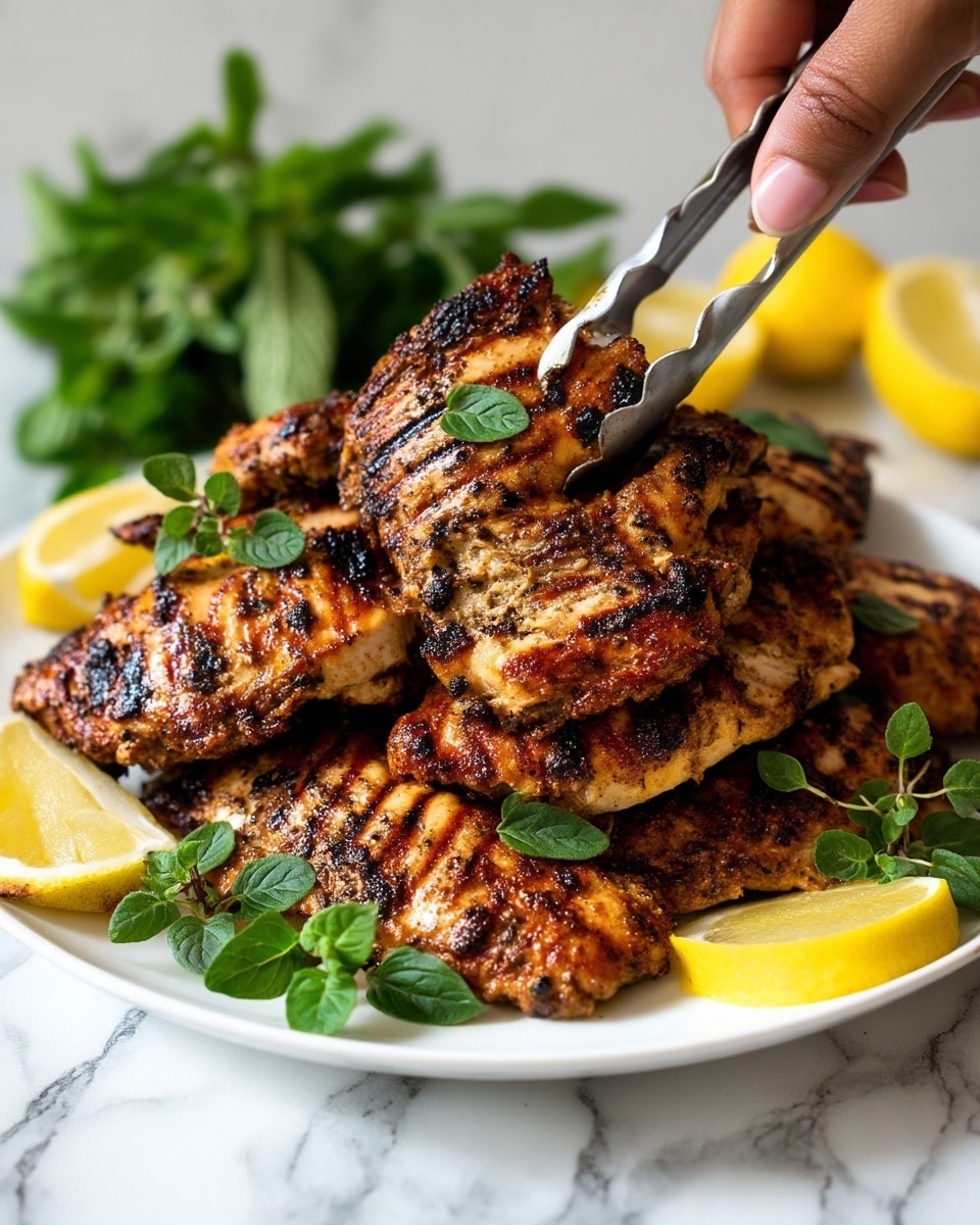 The image shows a white plate filled with several grilled chicken pieces that have dark grill marks and a slightly crispy texture on top. The chicken pieces are stacked in layers, with three to four large pieces clearly visible. Bright green fresh herb leaves are scattered on the chicken, adding a touch of color. On the back of the plate, there are four yellow lemon wedges placed around the chicken. A woman's hand holding metal tongs is at the lower right corner, gently picking up one of the chicken pieces. The whole scene is set on a white marbled surface, and the lighting makes the grilled chicken look warm and juicy photo taken with an iphone --ar 4:5 --v 7