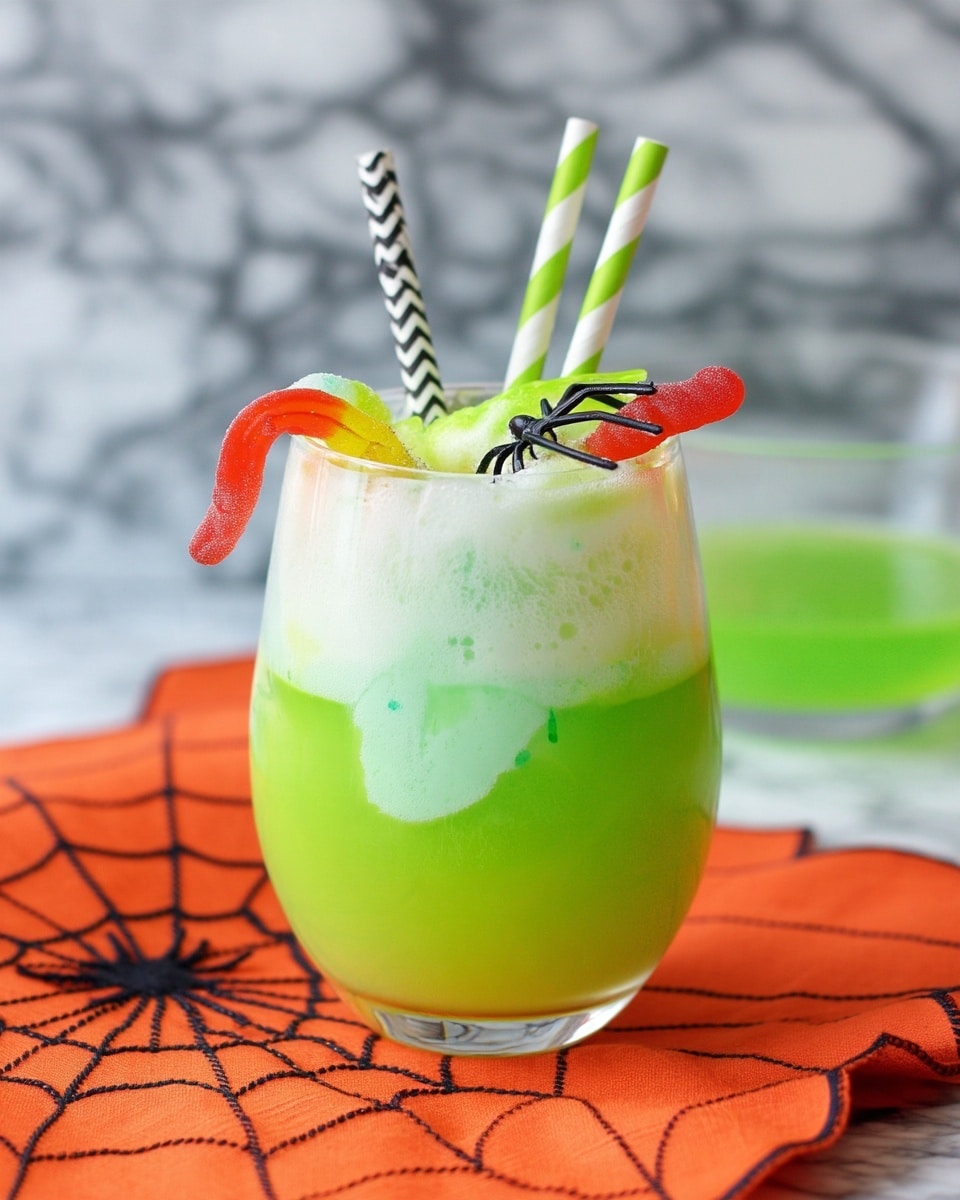 A clear glass bowl filled with bright green, fluffy liquid that looks like a green foamy punch. There are scoops of light green ice cream placed on top, some partly melted. Colorful gummy worms in red, yellow, and green are partially submerged in the foam, with a small black plastic spider sitting near the edge of the bowl on the foam. A shiny metal spoon rests inside the bowl. The bowl is sitting on an orange cloth with black stitch lines, and the background has a white marbled texture. photo taken with an iphone --ar 4:5 --v 7