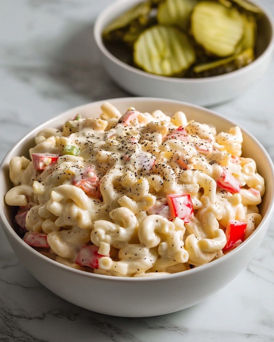 The image shows a close-up of a bowl filled with creamy macaroni salad. The salad has one main layer of elbow macaroni coated in a thick, white creamy dressing. Mixed within the pasta are visible chunks of red bell pepper, pale green celery pieces, and bits of yellow corn, all evenly spread throughout. The surface of the salad is sprinkled lightly with black pepper flakes. The bowl is white, placed on a white marbled surface. Photo taken with an iphone --ar 4:5 --v 7