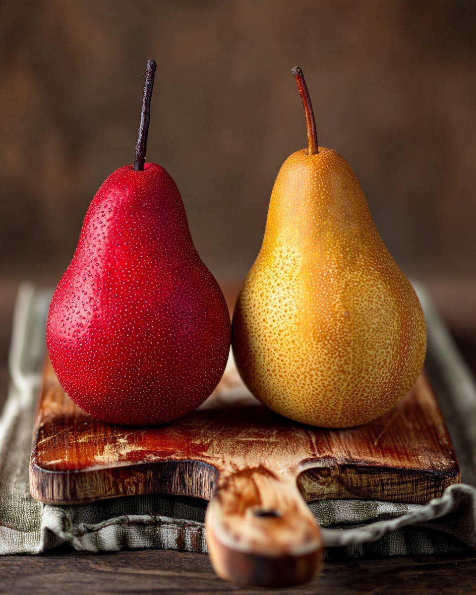 The image shows two pears placed side by side on a wooden board with a handle pointing toward the camera. The pear on the left is red with a slightly rough texture and a long dark stem, while the pear on the right is yellowish-brown with small white speckles and a shorter stem. The wooden board rests on a soft cloth, all set against a dark and blurred background, with a shallow focus that highlights the pears and the board clearly. photo taken with an iphone --ar 4:5 --v 7