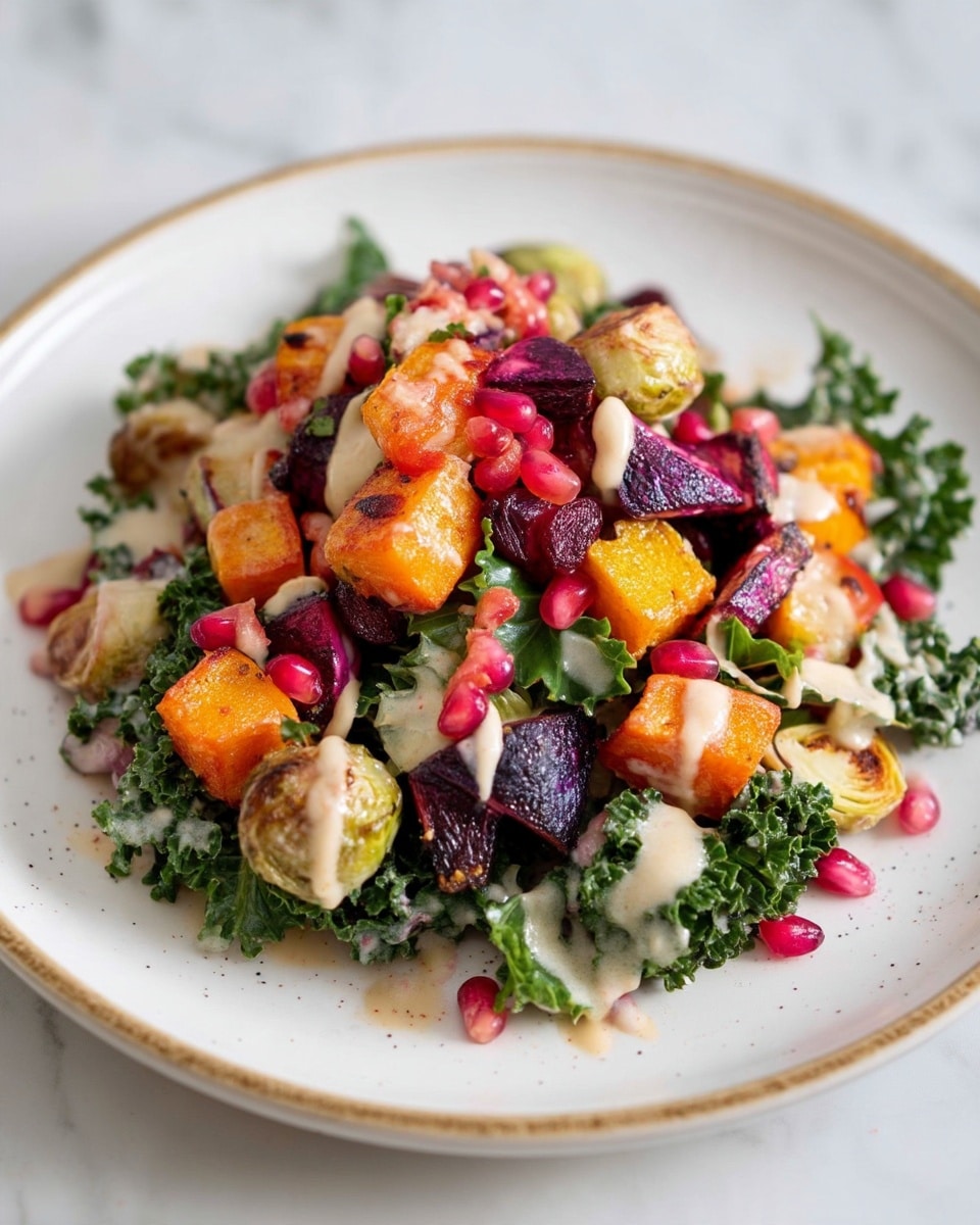 The dish is a colorful mixed salad on a white plate with a light brown edge, set on a white marbled surface. The salad has about three layers: the base layer is dark green kale leaves with a rough texture, next are bright orange and deep purple roasted vegetable cubes scattered evenly, and the top layer includes small light brown roasted Brussels sprouts and scattered pink pomegranate seeds. The whole salad is drizzled with a creamy light beige dressing that adds a smooth texture over the rough leaves and vegetables. Photo taken with an iphone --ar 4:5 --v 7