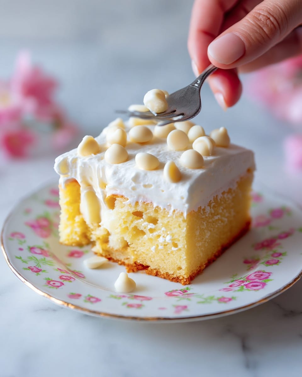 A close-up view of a slice of yellow cake with a thick layer of smooth white frosting on top. The frosting is decorated with white chocolate chips scattered on the surface. The cake itself has a soft, airy texture with small holes inside, showing its lightness. This slice sits on a white plate with small pink flowers around the edge. There is a silver fork resting near the cake, and a woman's hand holding a piece of cake is about to take a bite. The background has a soft white marbled texture. photo taken with an iphone --ar 4:5 --v 7