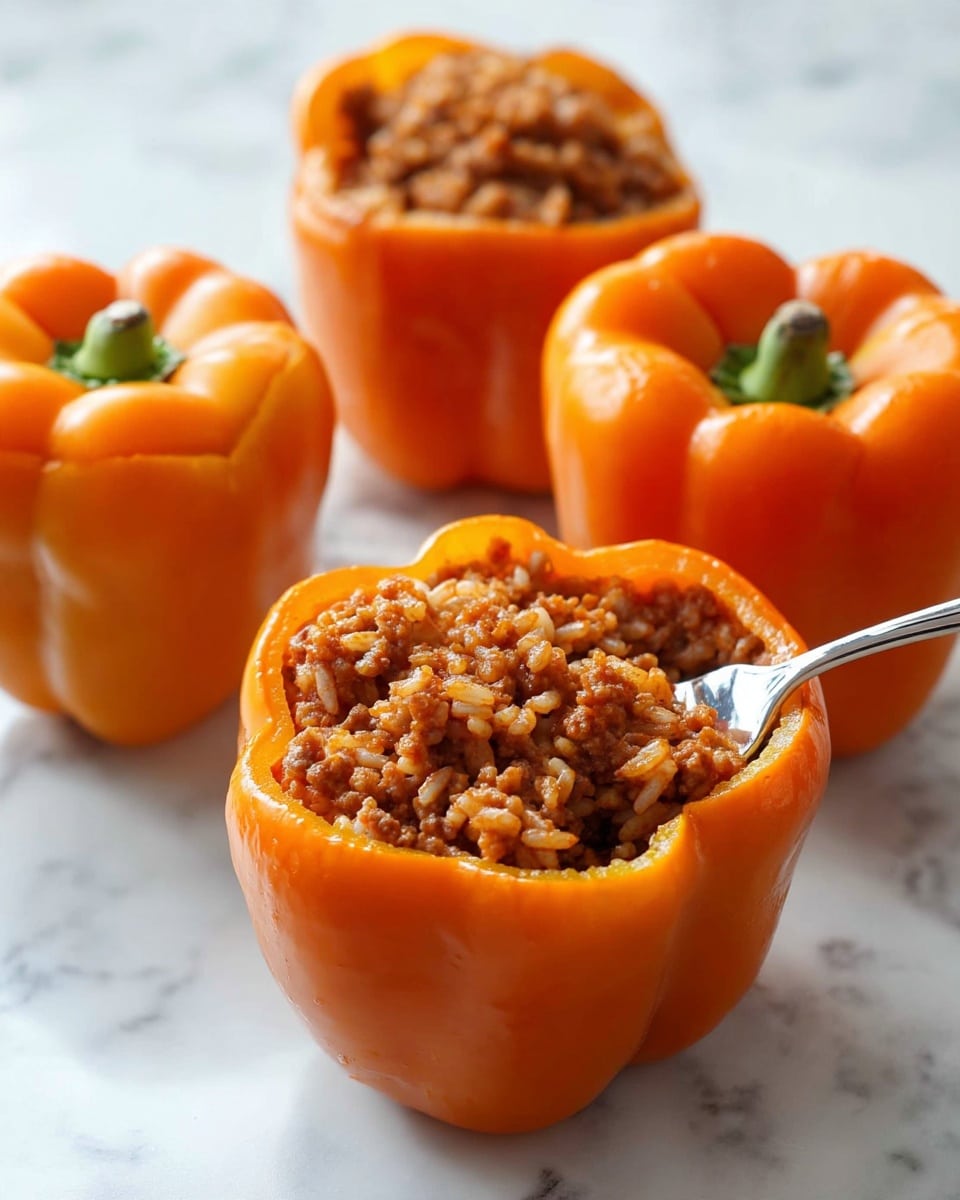 The image shows four whole orange bell peppers on a white marbled surface, with one pepper hollowed out and filled with cooked ground meat mixed with rice. A silver fork is inside the open pepper, ready to scoop some of the filling. The bell peppers are smooth and shiny, with the focus on the filled pepper in the center, showing the textured meat and rice mixture. The other three whole peppers are in the background, intact and vibrant orange. Photo taken with an iphone --ar 4:5 --v 7
