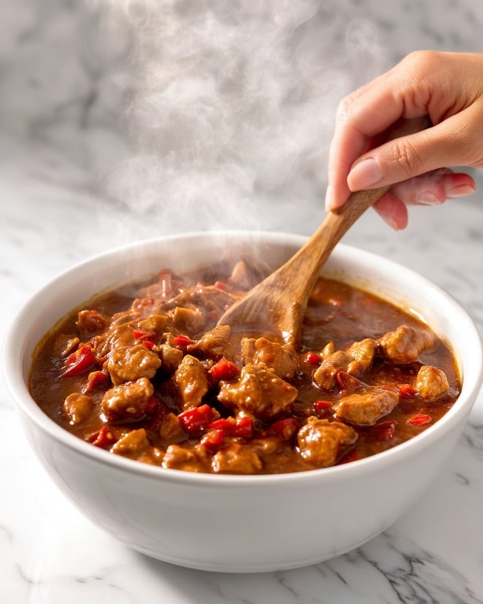 The image shows a close-up of a warm stew cooking in a white bowl. The stew has many small chunks of meat in a thick brown sauce. Bright reddish pieces, likely peppers or tomatoes, are scattered throughout, adding spots of color. Steam rises softly, giving a sense of heat and freshness. A woman's hand holds a wooden spoon stirring the stew, visible on the right side. The background is a white marbled texture. photo taken with an iphone --ar 4:5 --v 7