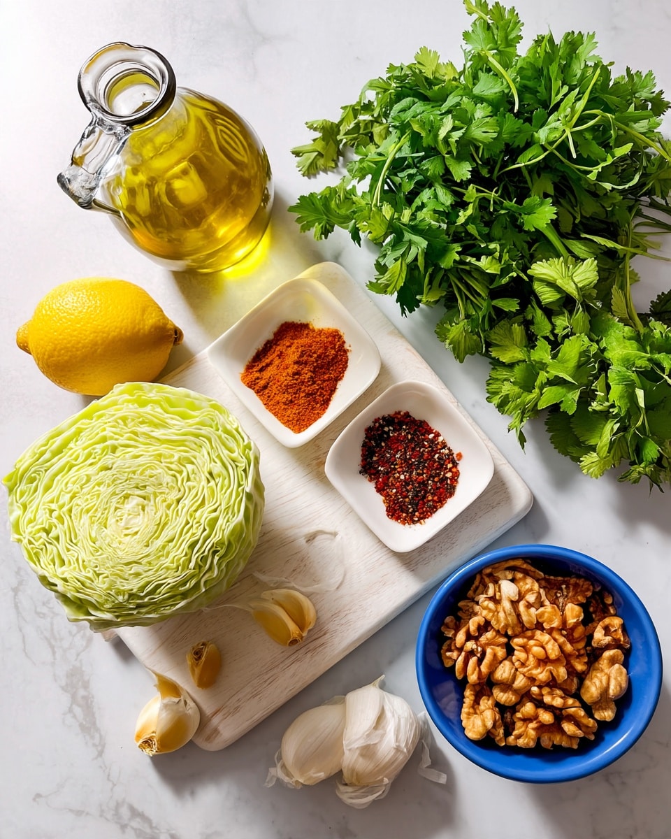 The image shows various fresh ingredients spread on a white marbled surface. On the left side, a light green cabbage sits next to a bright yellow lemon. Above them, there is a clear glass bottle filled with yellow olive oil. To the right, a white cutting board holds small white bowls with different spices: one with ground ginger, one with red chili flakes, one with black pepper and salt separated in a small dish, one with paprika, and one with ground cumin. Two garlic cloves rest near the bottom of the cutting board. On the far right, a large bunch of fresh green cilantro leaves fills the top corner, while a blue bowl filled with brown walnuts is placed at the bottom. Photo taken with an iphone --ar 4:5 --v 7