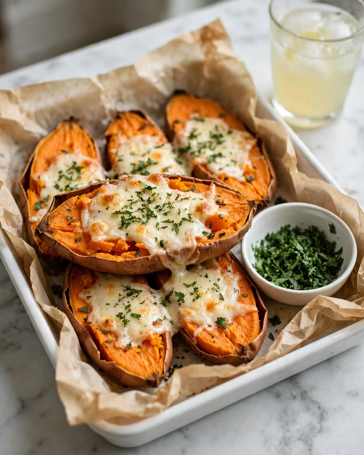 A white tray lined with crumpled parchment paper holds several roasted sweet potato halves arranged in two layers. Each sweet potato layer is orange with a soft texture visible, topped with a layer of melted white cheese that spreads unevenly across the surface. Scattered green herbs are sprinkled over the cheese, adding fresh color contrast. A small white bowl with extra chopped green herbs sits inside the tray to the right. In the background, there is a clear glass filled with a light yellow drink, all set on a white marbled surface. photo taken with an iphone --ar 4:5 --v 7