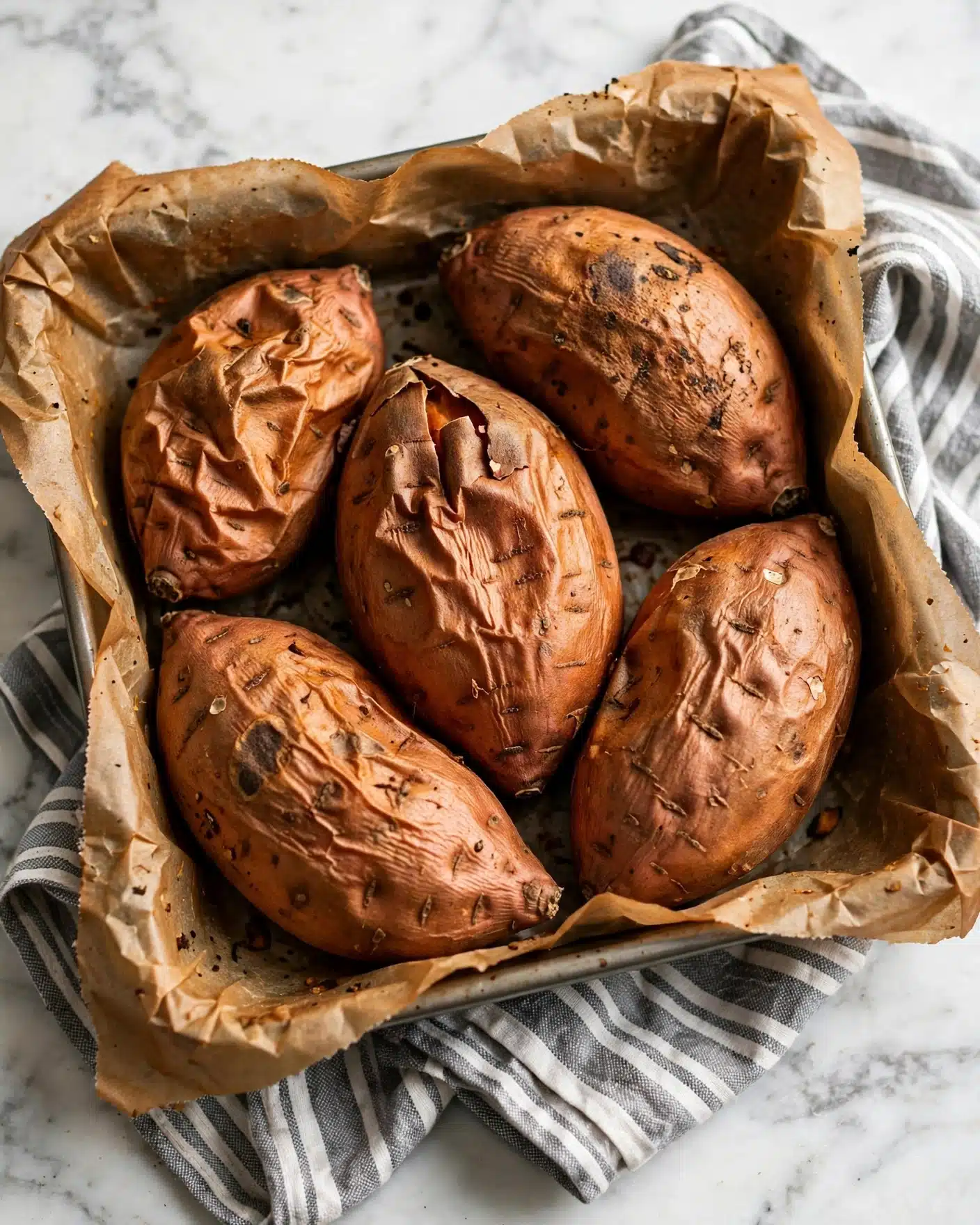 The image shows five baked sweet potatoes placed closely together in a square baking tray lined with brown parchment paper. The sweet potatoes have a deep orange-brown skin with some wrinkles and small natural marks. The tray sits on a folded grey and white striped cloth, all set on a white marbled surface. The lighting highlights the rough textures of the sweet potato skins and the crinkled parchment paper, creating a warm and rustic feel. photo taken with an iphone --ar 4:5 --v 7
