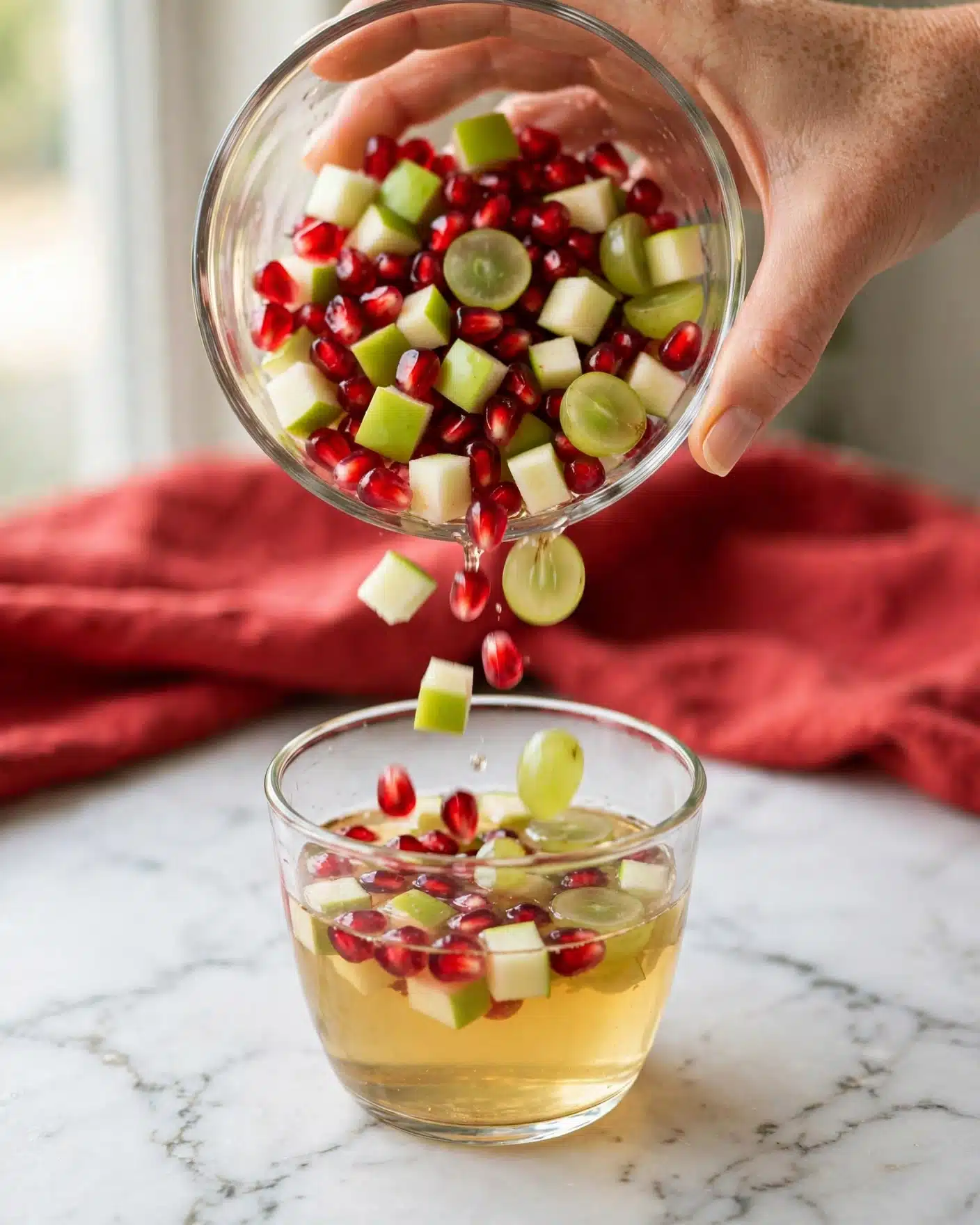 Sparkling Grape & Fruit Punch Recipe 4 A clear glass bowl sits on a white marbled surface, filled with a colorful mix of fruit pieces floating in a light liquid. The top layer shows bright red cranberries scattered evenly over the green apple slices that are cut into small wedges with smooth edges. White pear chunks with slightly rough textures are mixed throughout the bowl, creating a vibrant contrast with the red and green fruits. Around the bowl, there is a white bowl filled with more red cranberries and a green glass with a green drink visible near the top edge. Small gold and beige holiday ornaments are placed on the white marbled surface nearby. photo taken with an iphone --ar 4:5 --v 7