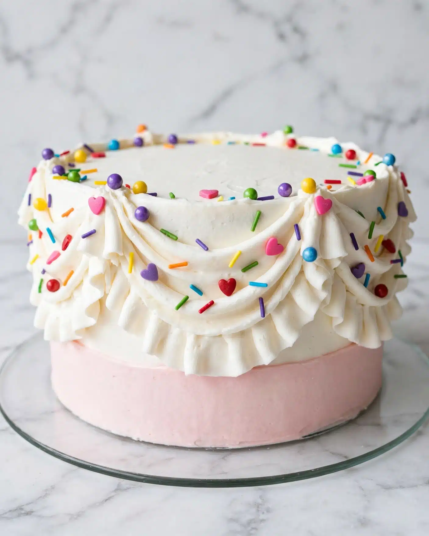 Adorable Ghost Cake with Sprinkles Recipe 5 The image shows a cake with three visible layers. The bottom layer is light pink with a soft, smooth texture. Above it is a large white layer with a flowing, draped look, decorated with small candy-like decorations in bright colors including purple, red, yellow, blue, green, and orange. These decorations are shaped like hearts, small spheres, and thin rods scattered evenly across the ruffled white layer. The cake sits on a clear plate with a white marbled background. Photo taken with an iphone --ar 4:5 --v 7