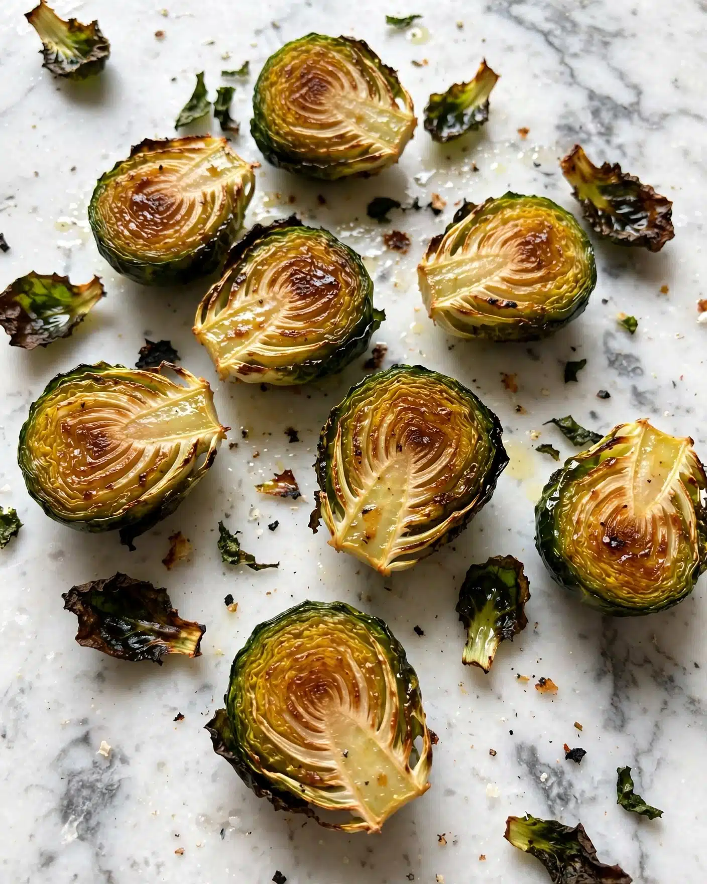 Bang Bang Brussels Sprouts Recipe 5 The image shows several roasted Brussels sprouts on a white marbled surface. The Brussels sprouts are halved, with the cut sides facing up, displaying a golden brown and slightly crispy texture, while the outer leaves are dark green and charred in places. The sprouts are unevenly spread, with some edges showing caramelized bits and a few loose leaves scattered around, giving a sense of a freshly cooked dish. The lighting highlights the glossy, cooked surface of the vegetables. Photo taken with an iphone --ar 4:5 --v 7