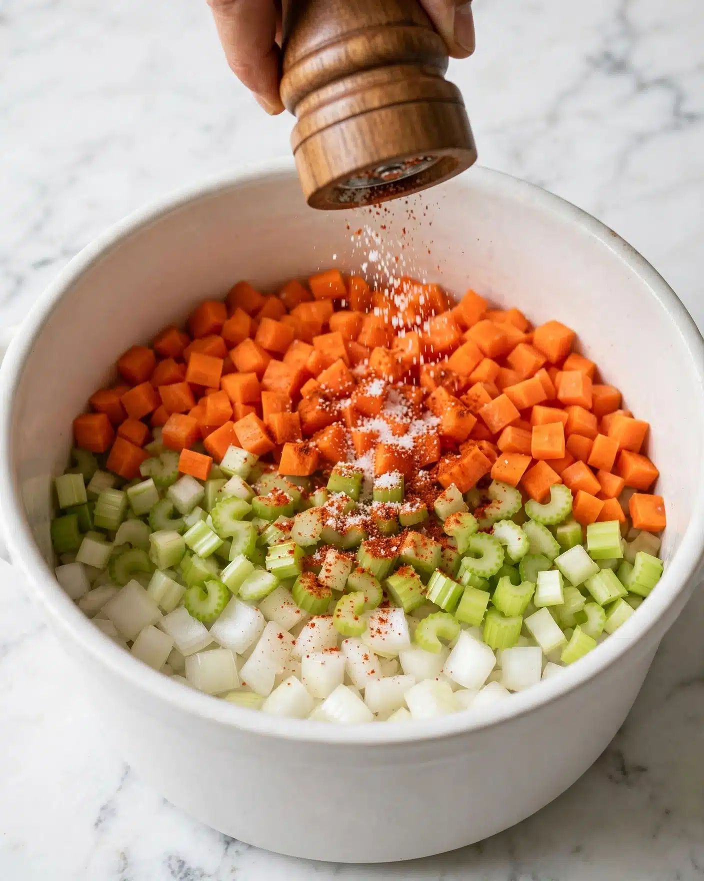 Cabbage Soup Recipe 4 Inside a white pot, there are three layers of chopped vegetables. The bottom layer has small white onion pieces, the middle layer shows diced bright orange carrots, and the top layer is made up of chopped light green celery. On top of the vegetables, there are red spices sprinkled all over and a woman's hand using a wooden grinder to add salt from above. The pot sits on a white marbled surface. photo taken with an iphone --ar 4:5 --v 7