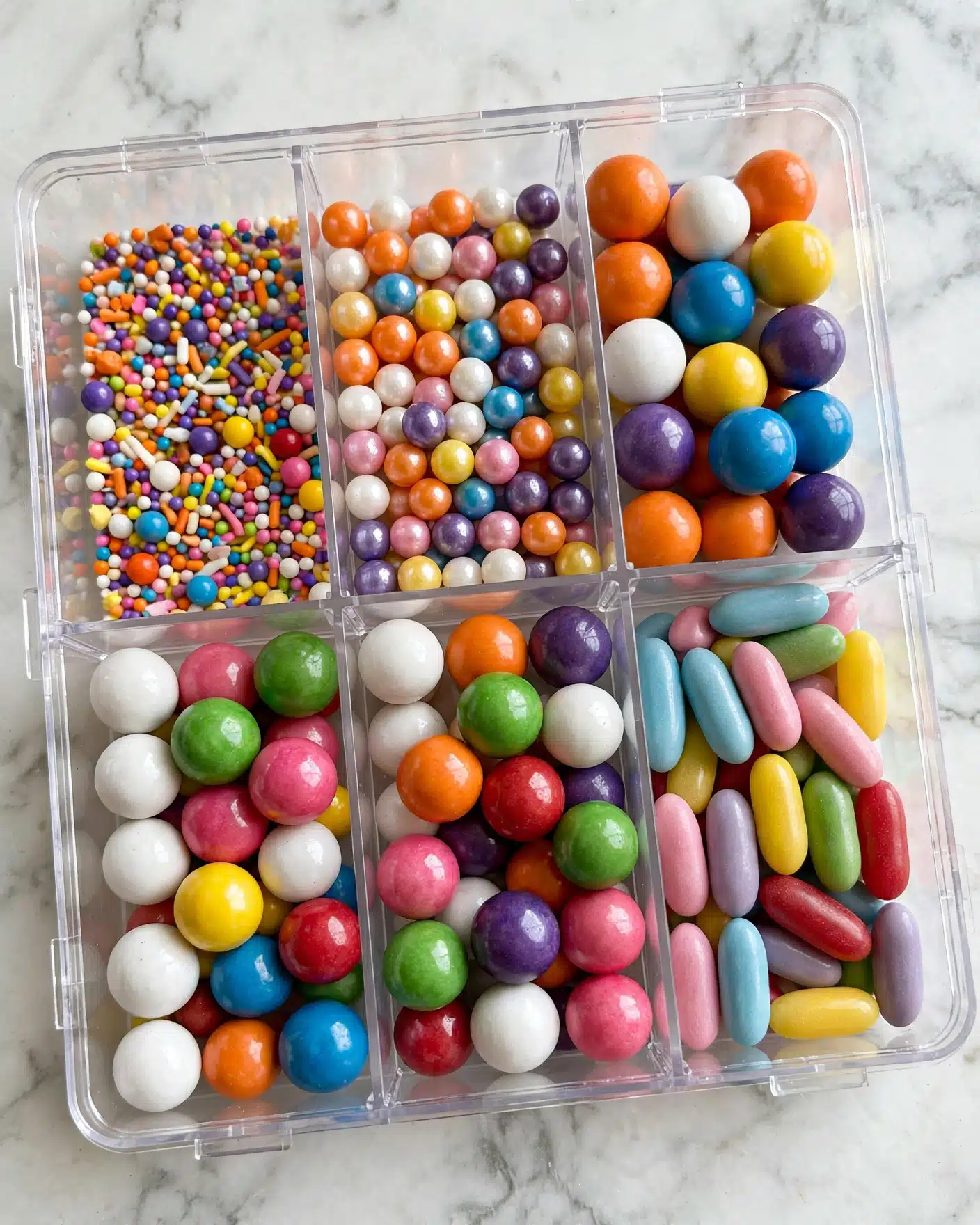 Adorable Ghost Cake with Sprinkles Recipe 4 A clear plastic box with six compartments filled with colorful, shiny candy balls of different sizes and colors. The bottom left compartment has medium-sized round balls in white, green, pink, yellow, red, and blue. The middle bottom compartment holds slightly larger balls in white, orange, green, red, purple, and pink. The bottom right compartment has long, thin oval candies in light blue, pink, yellow, green, red, and lavender colors. The top left compartment contains very small multicolored tiny balls in orange, purple, yellow, pink, white, and blue. The middle top compartment holds small pearl-like candy balls in orange, white, yellow, pink, blue, and purple. The top right compartment is filled with medium-sized, smooth, round balls in orange, white, yellow, blue, and purple shades. The box sits on a white marbled surface. Photo taken with an iphone --ar 4:5 --v 7
